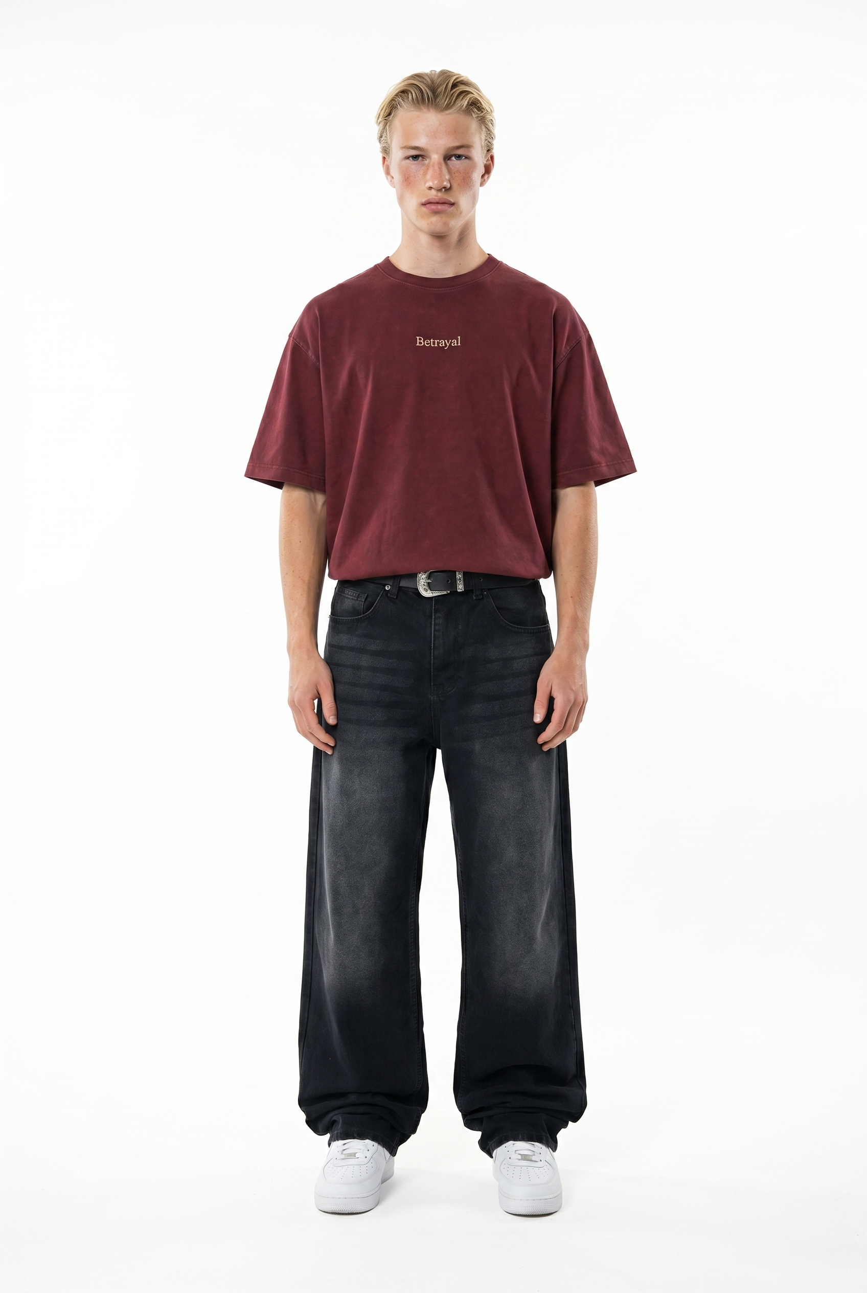 Erkek Betrayal Baskılı Yıkamalı Oversize T-Shirt Bordo