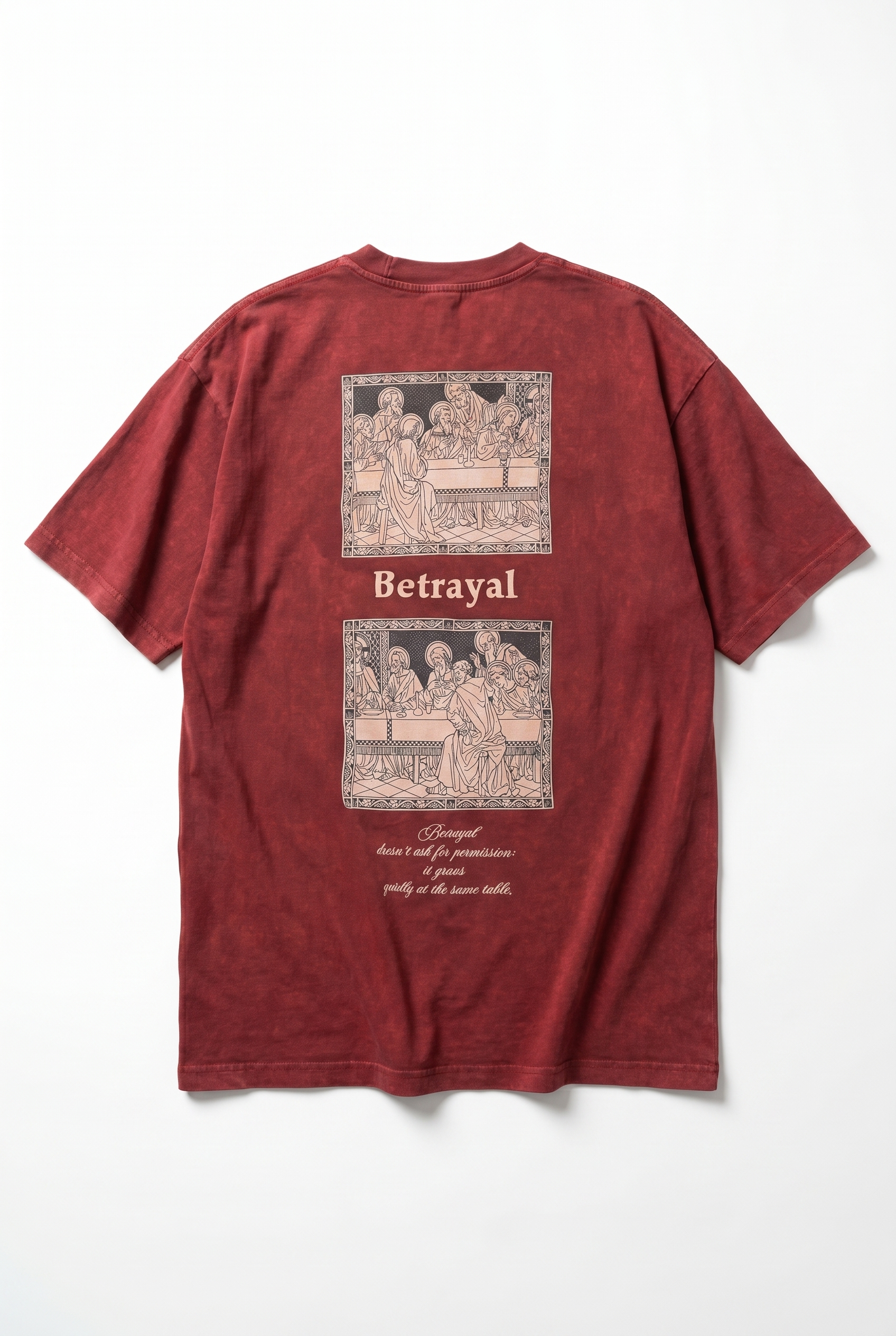 Erkek Betrayal Baskılı Yıkamalı Oversize T-Shirt Bordo
