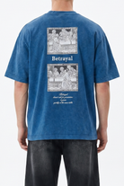 Erkek Betrayal Baskılı Yıkamalı Oversize T-Shirt Lacivert