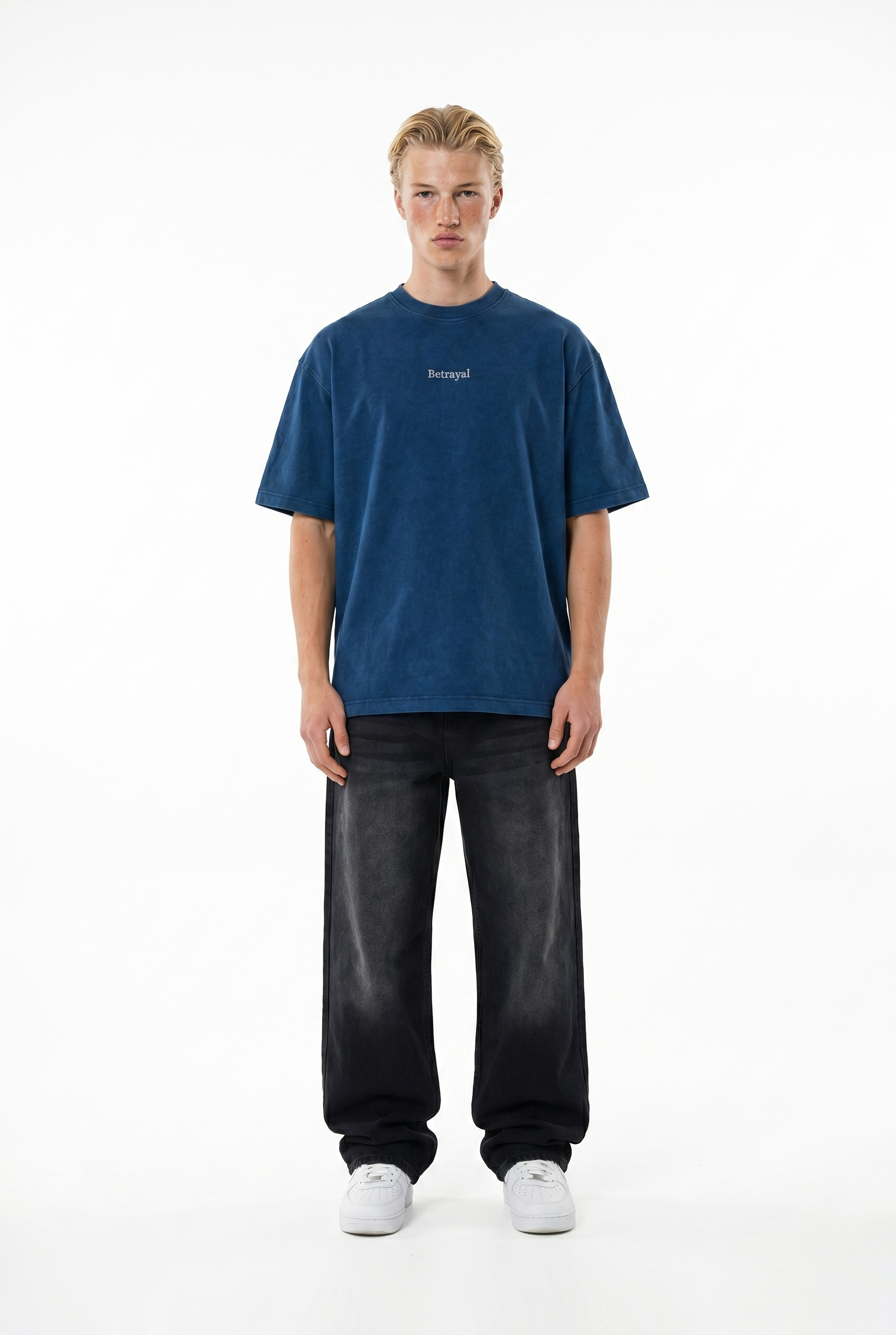 Erkek Betrayal Baskılı Yıkamalı Oversize T-Shirt Lacivert