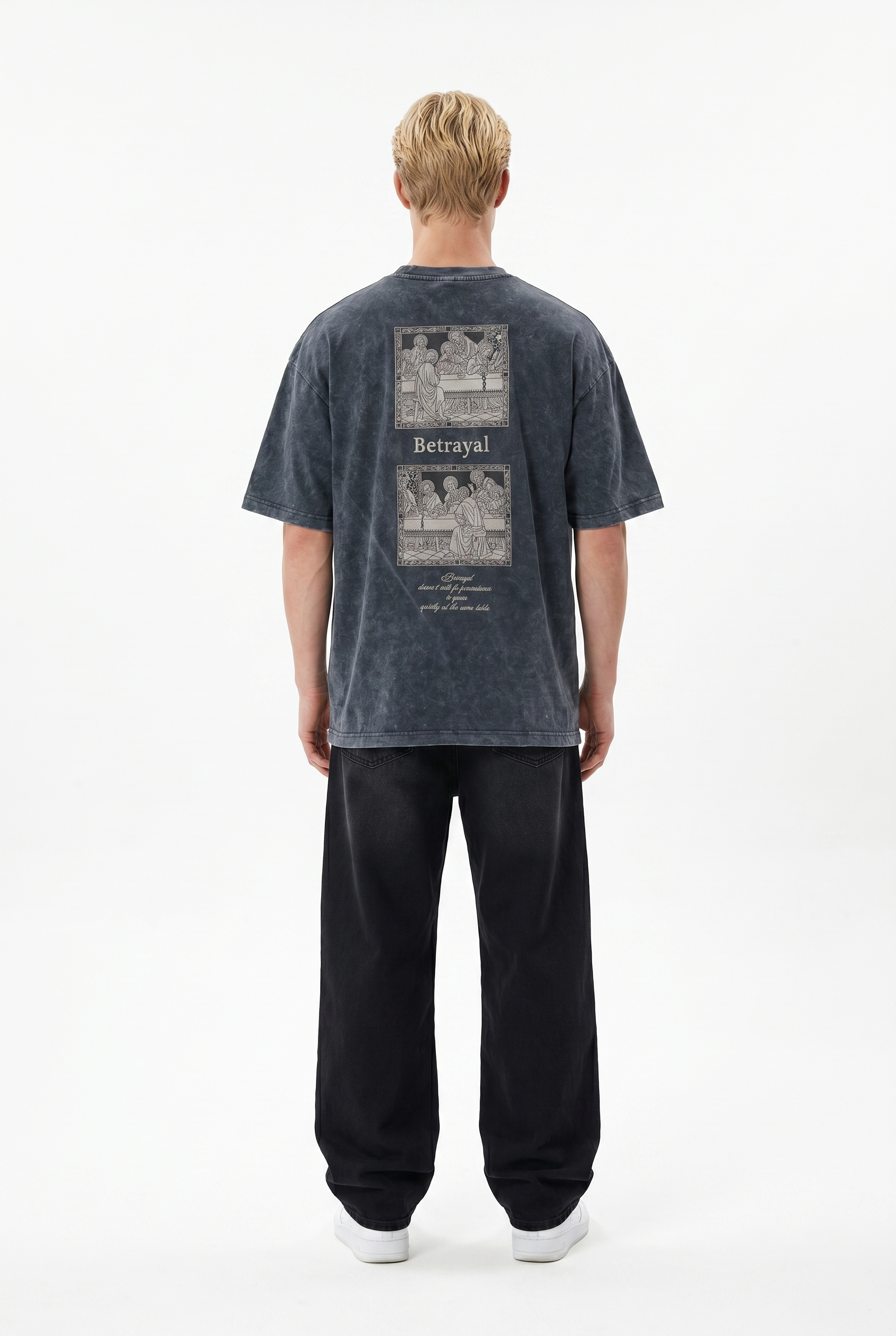 Erkek Betrayal Baskılı Yıkamalı Oversize T-Shirt Siyah