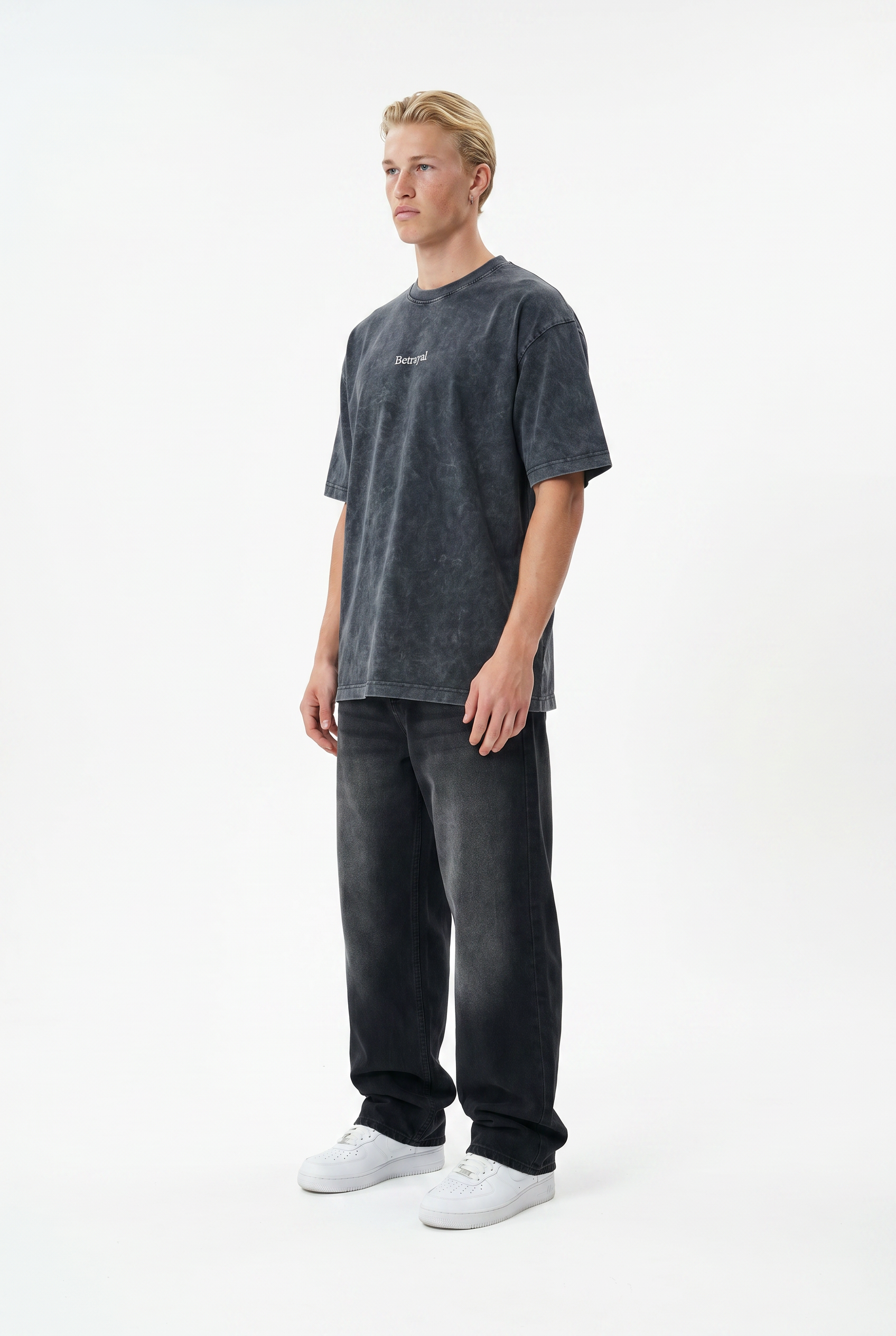 Erkek Betrayal Baskılı Yıkamalı Oversize T-Shirt Siyah