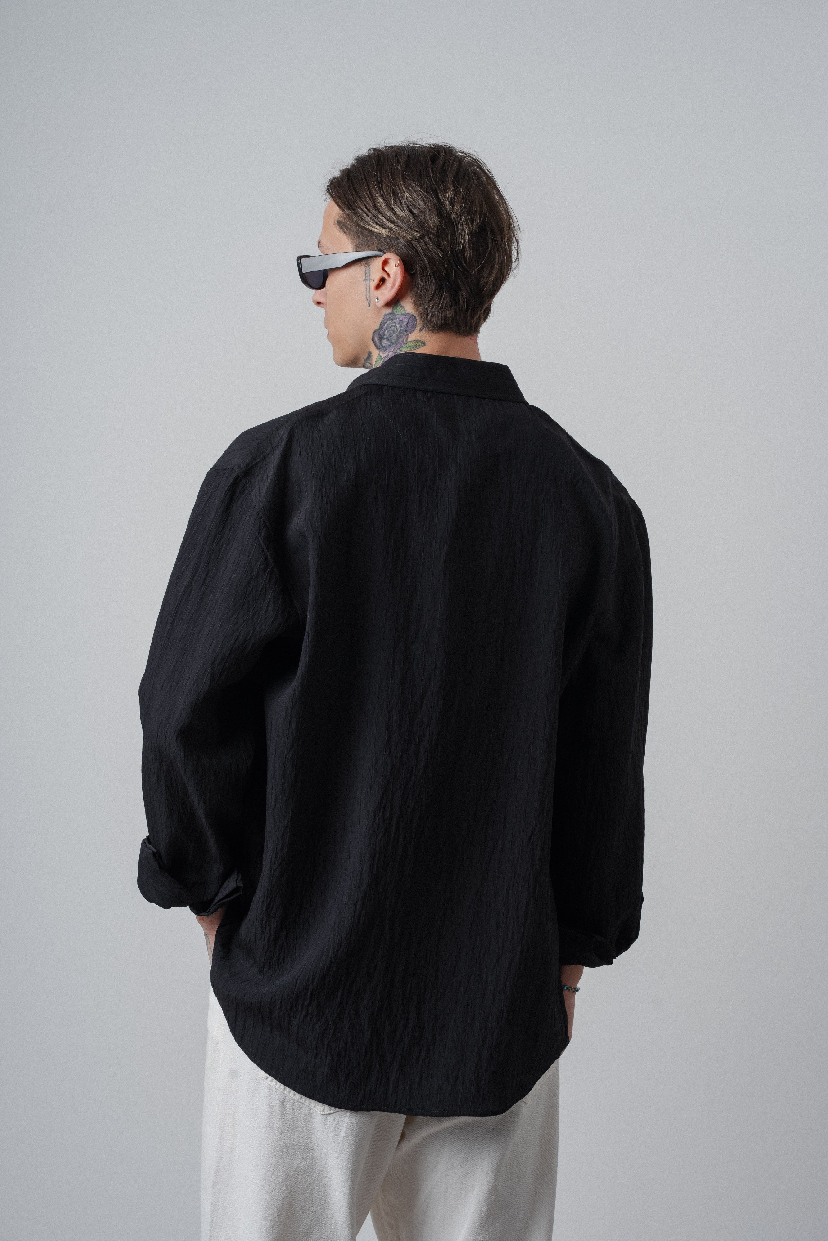 Erkek Çizgi Detaylı Uzun Kollu Oversize Gömlek Siyah