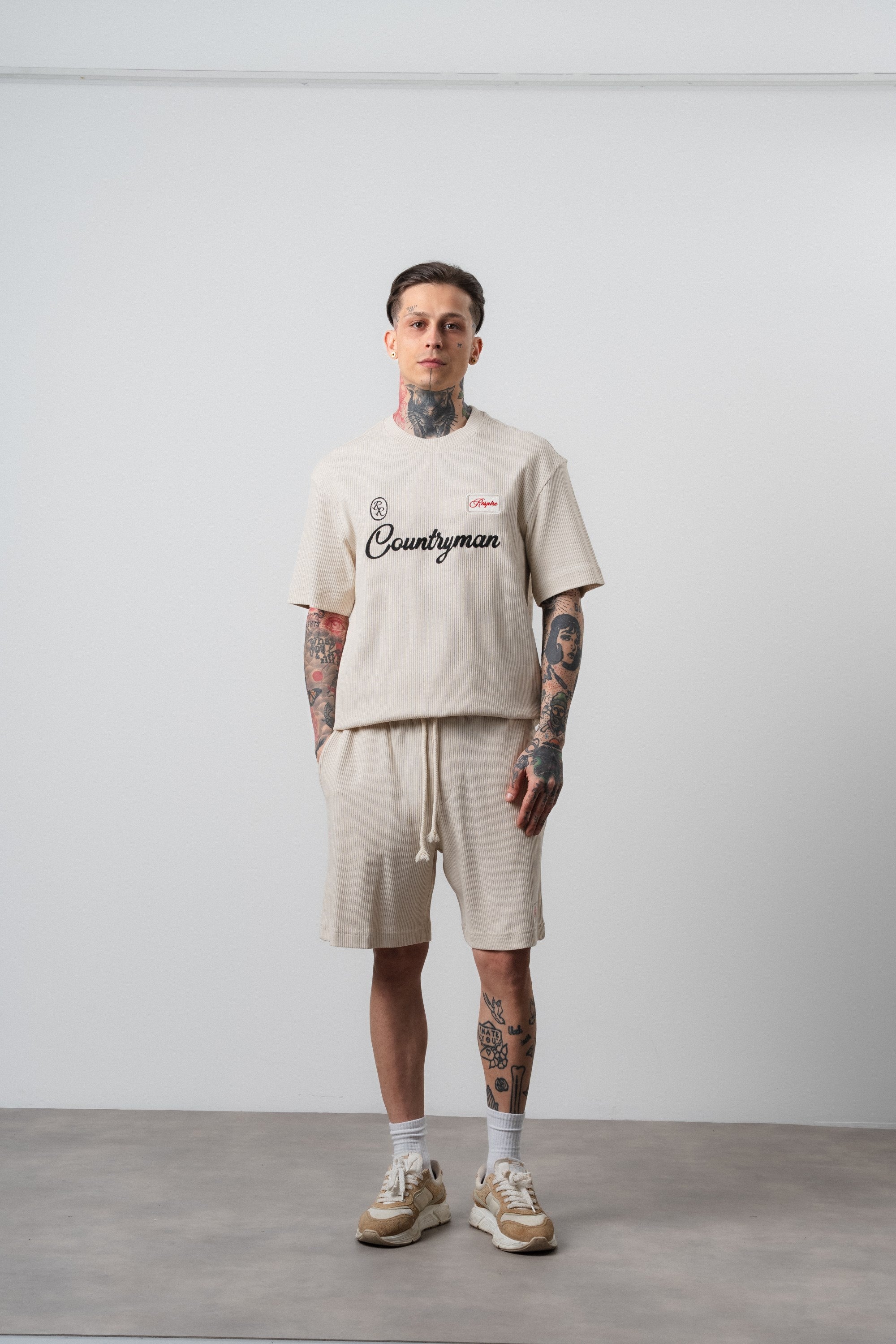 Erkek Countryman Nakışlı Regular Fit T-Shirt Şort Takım Bej