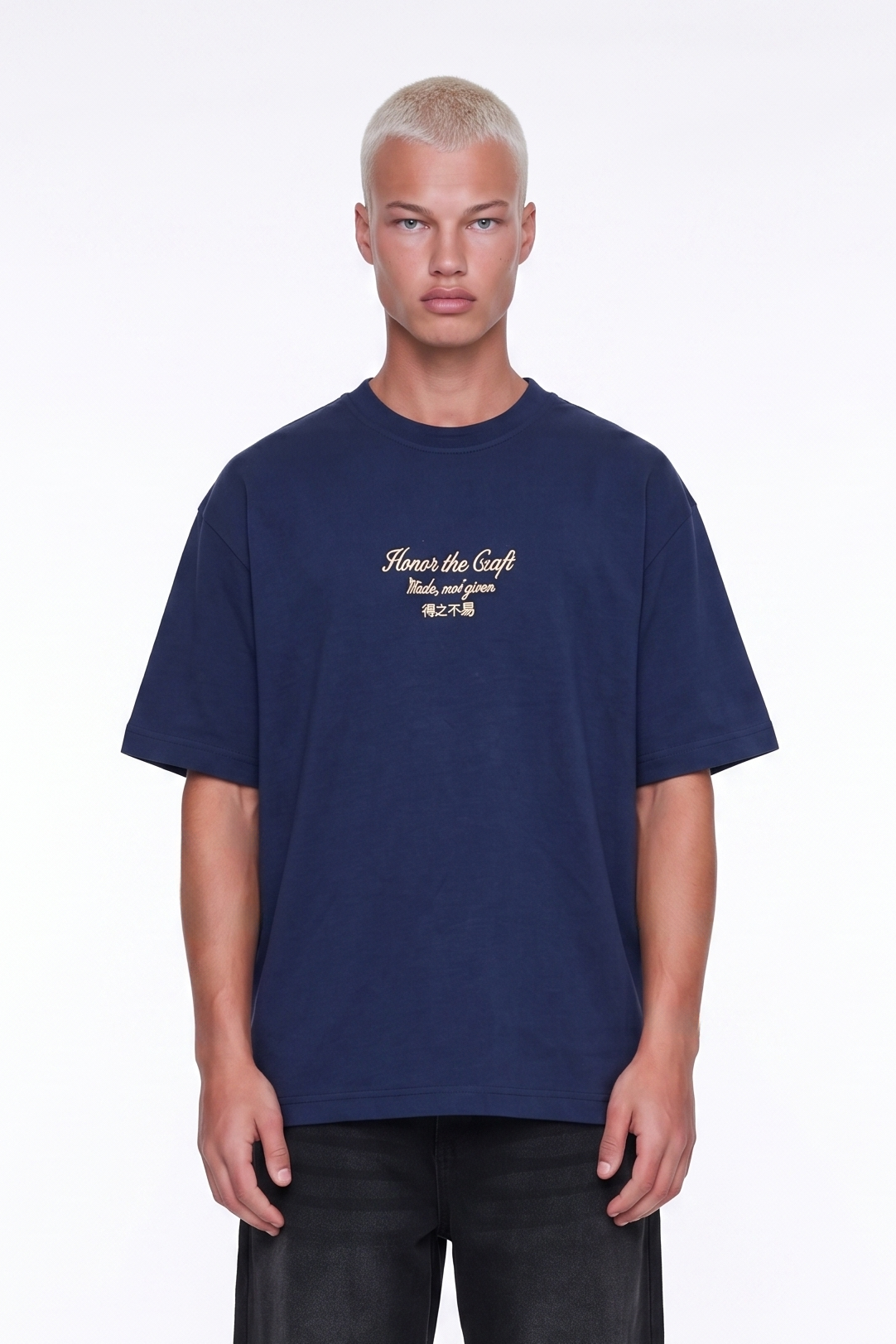 Erkek Craft Nakış Detaylı Oversize T-Shirt Lacivert