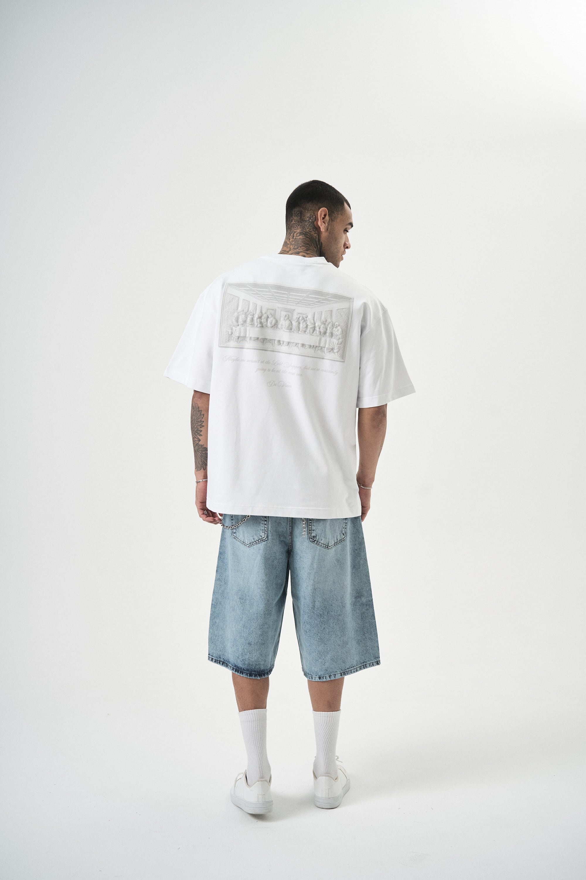 Erkek Da Vinci Baskılı Oversize T-Shirt Beyaz