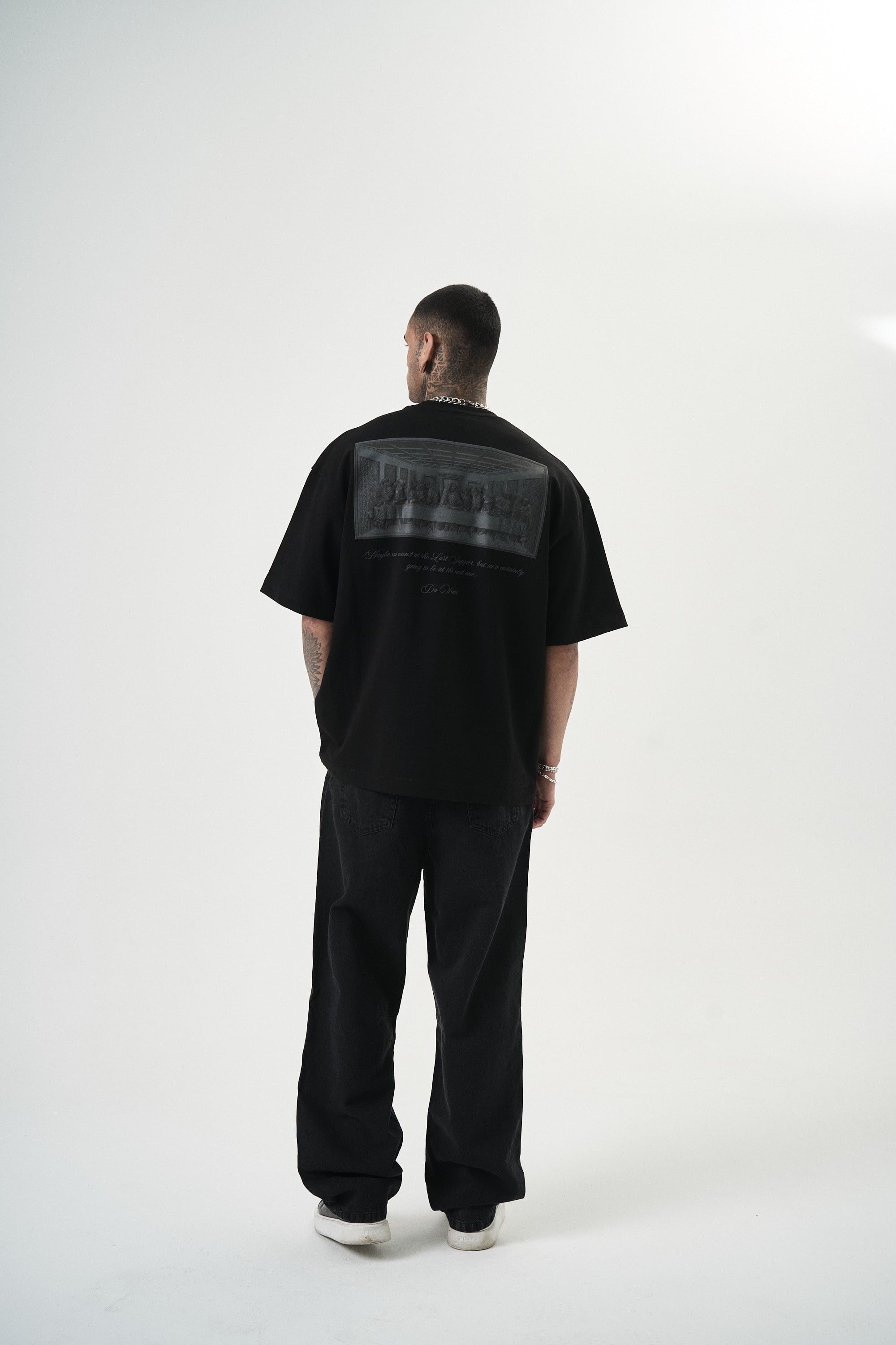 Erkek Da Vinci Baskılı Oversize T-Shirt Siyah