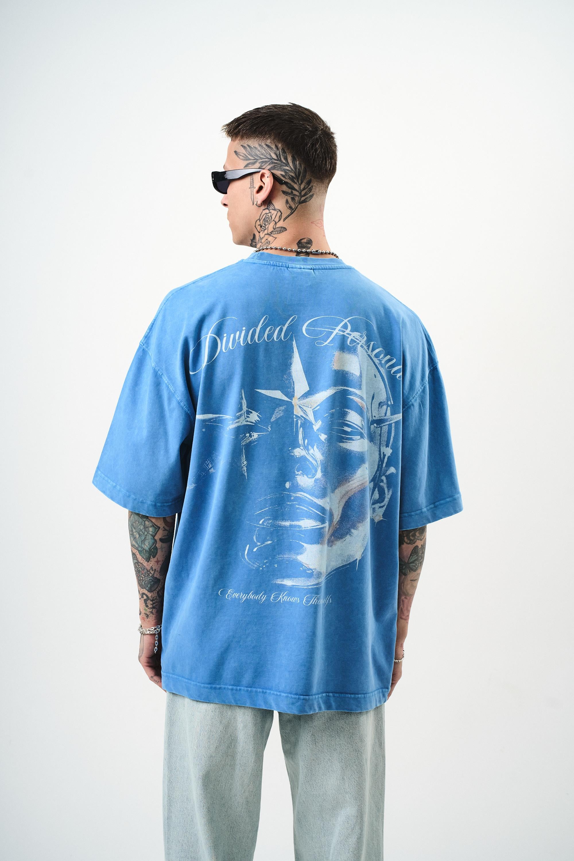 Erkek Divided Personas Baskılı Yıkamalı Oversize T-Shirt Mavi