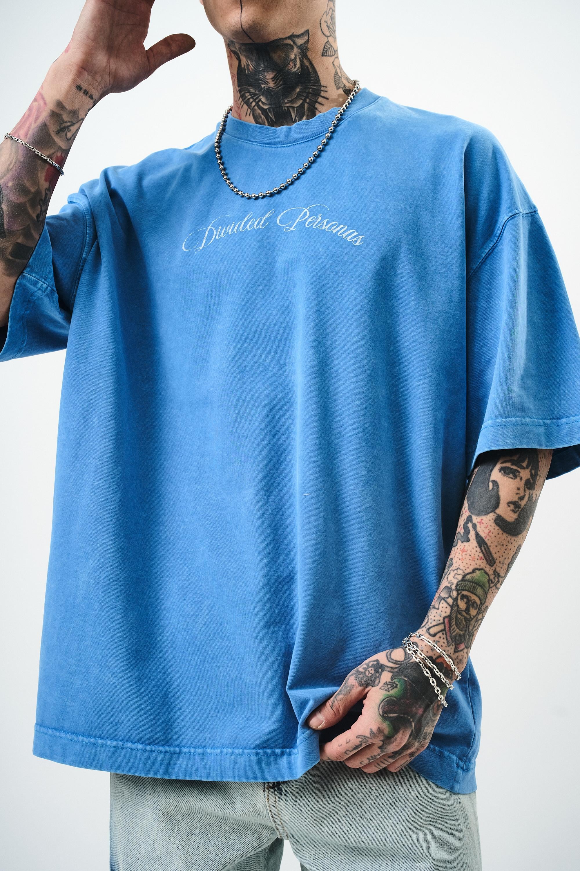 Erkek Divided Personas Baskılı Yıkamalı Oversize T-Shirt Mavi