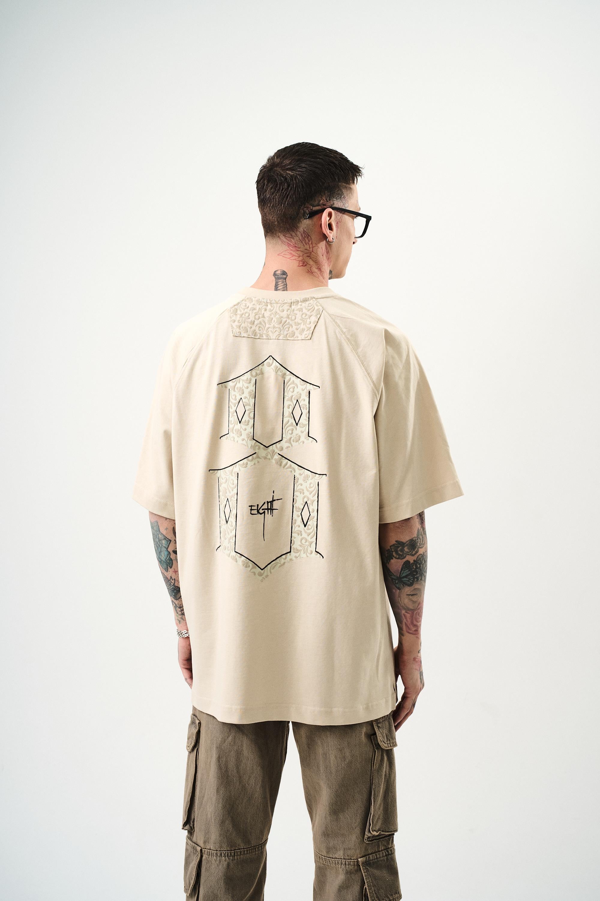 Erkek Eight Baskılı Oversize T-Shirt Bej