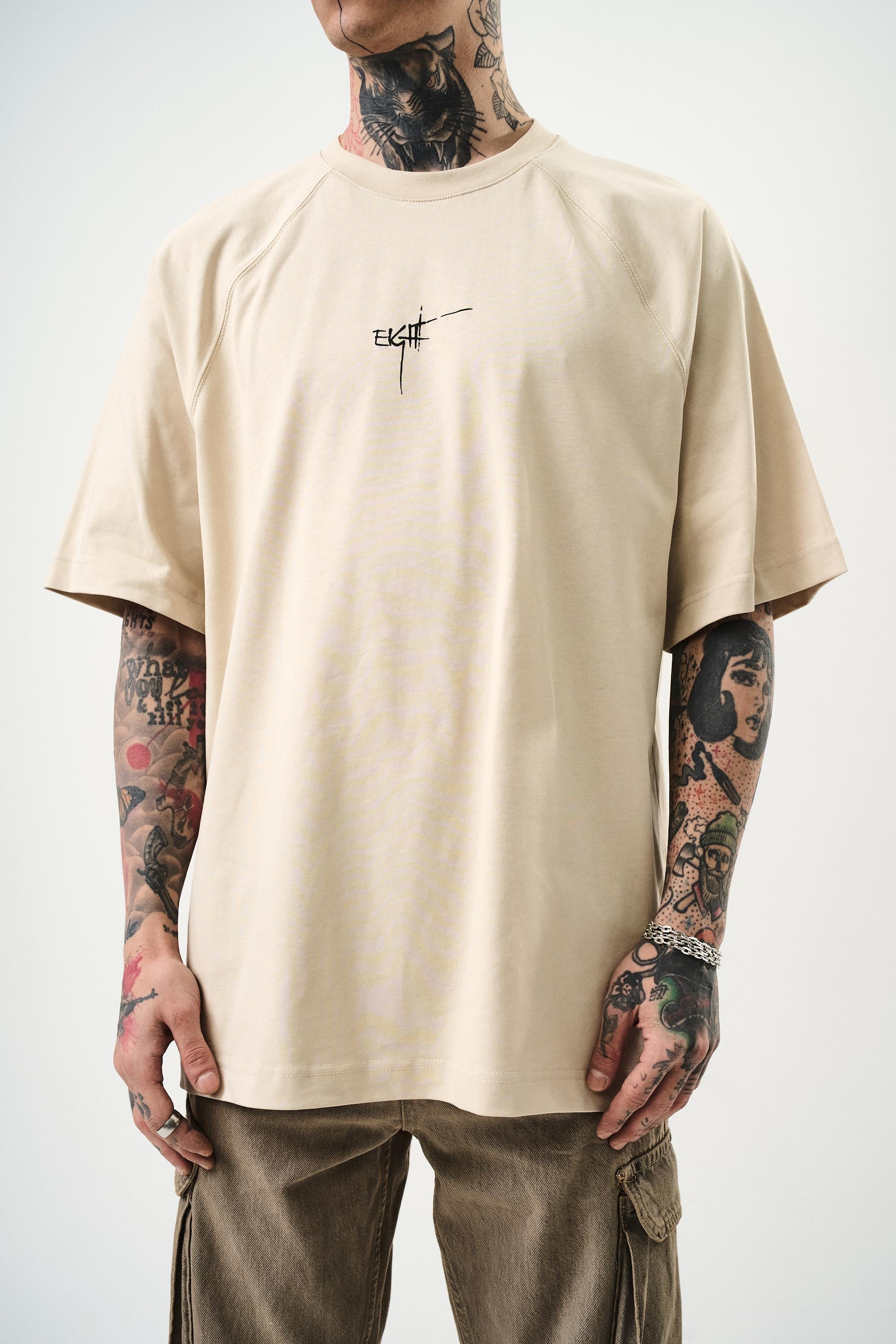 Erkek Eight Baskılı Oversize T-Shirt Bej