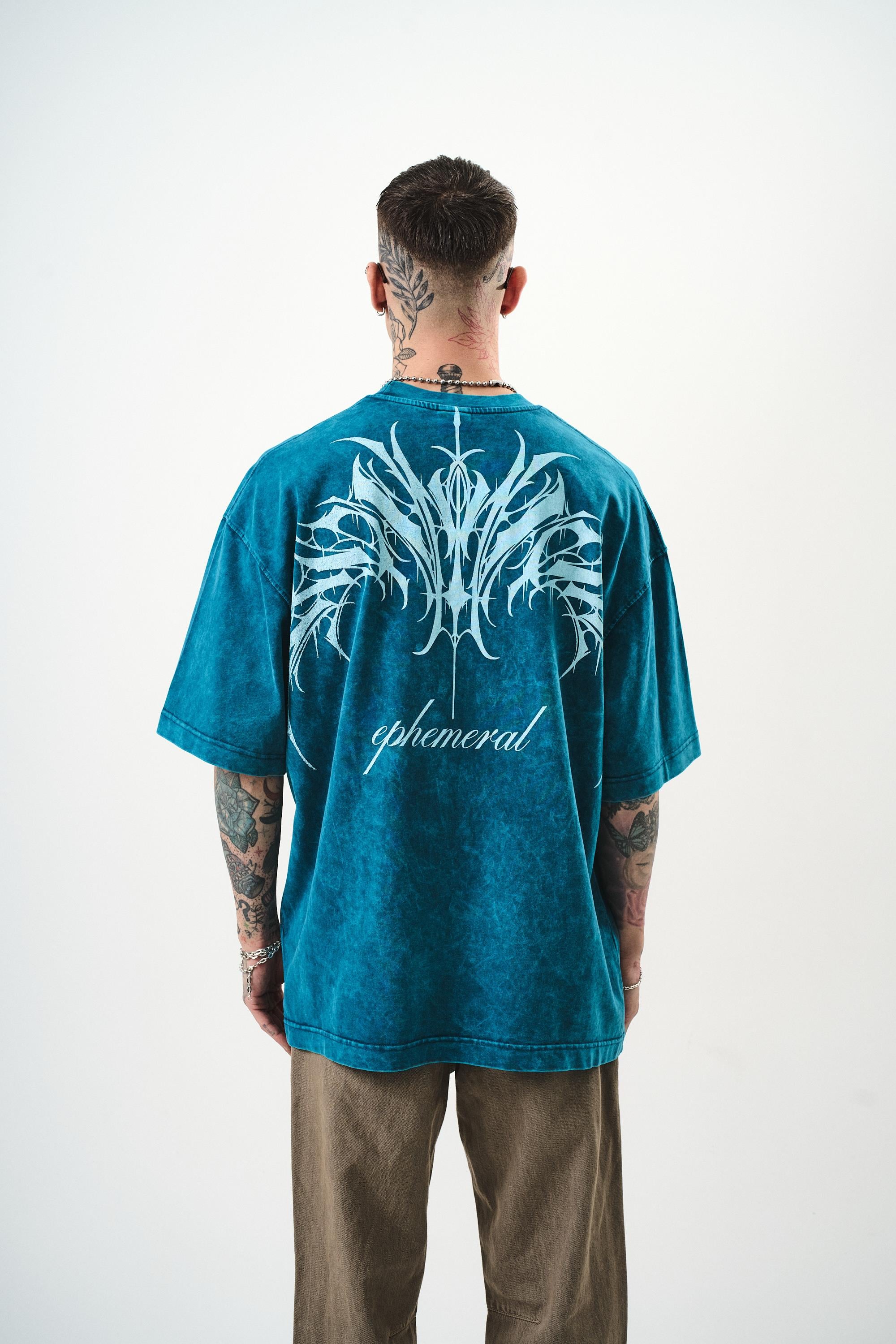 Erkek Ephemeral Baskılı Yıkamalı Oversize T-Shirt Petrol