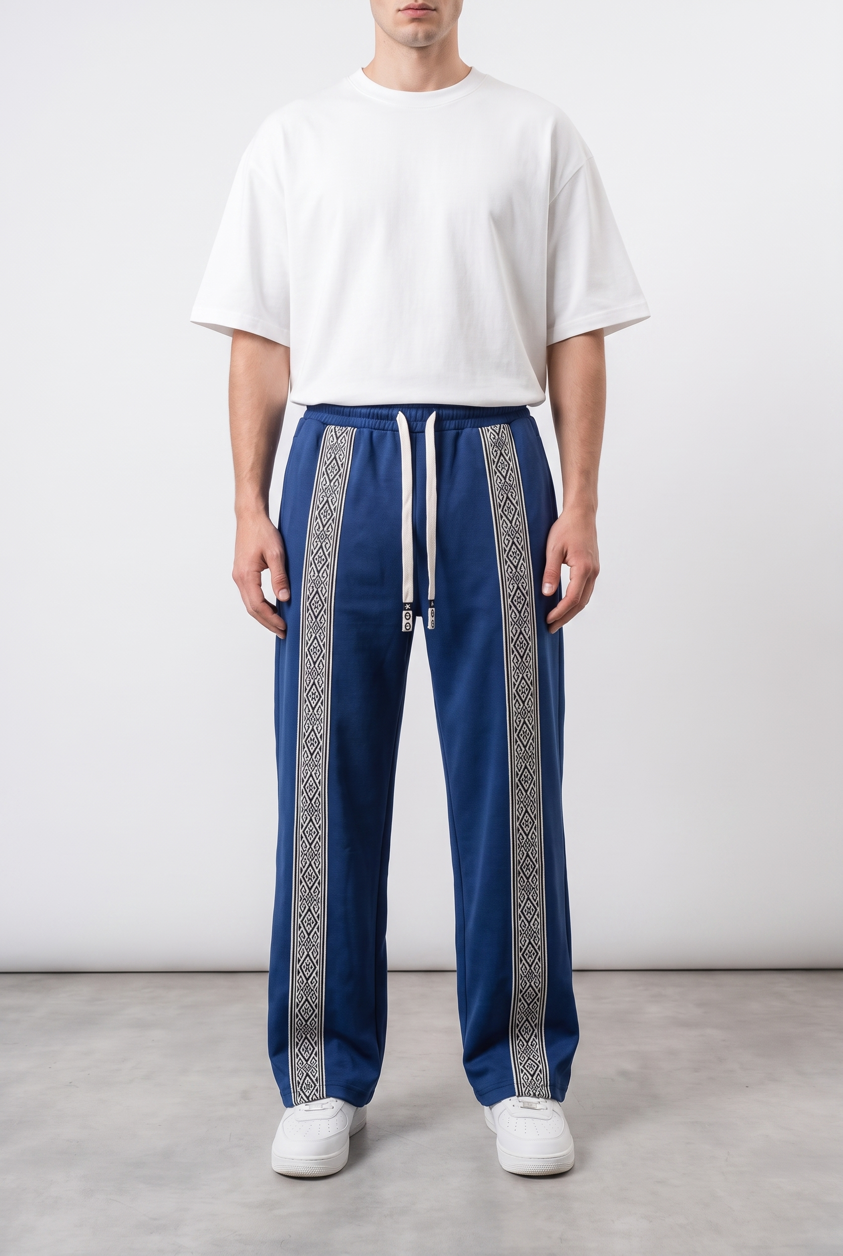 Erkek Etnik Şerit Detaylı Doubleface Baggy Eşofman Altı Lacivert