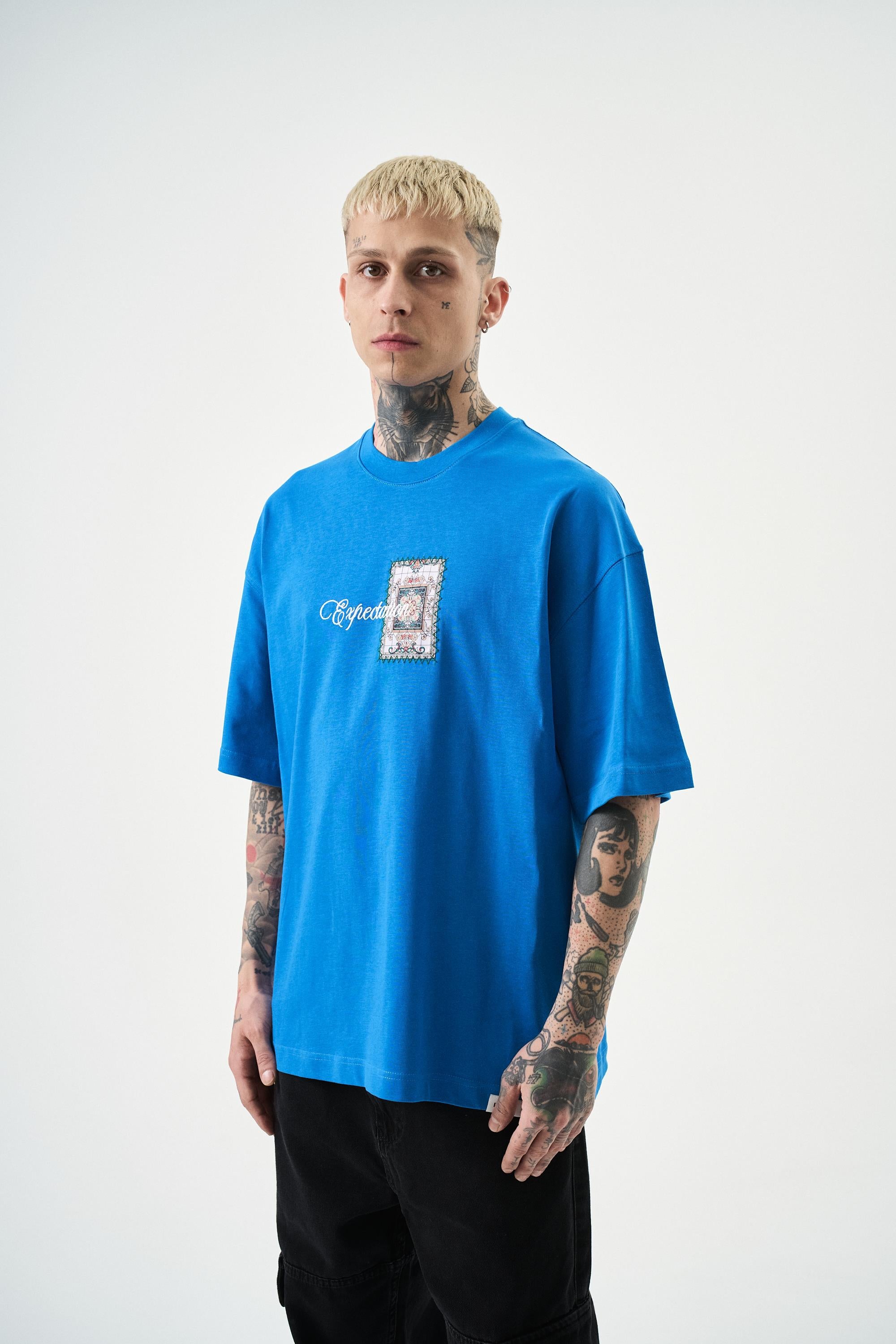 Erkek Expectation Nakışlı Oversize T-Shirt Mavi