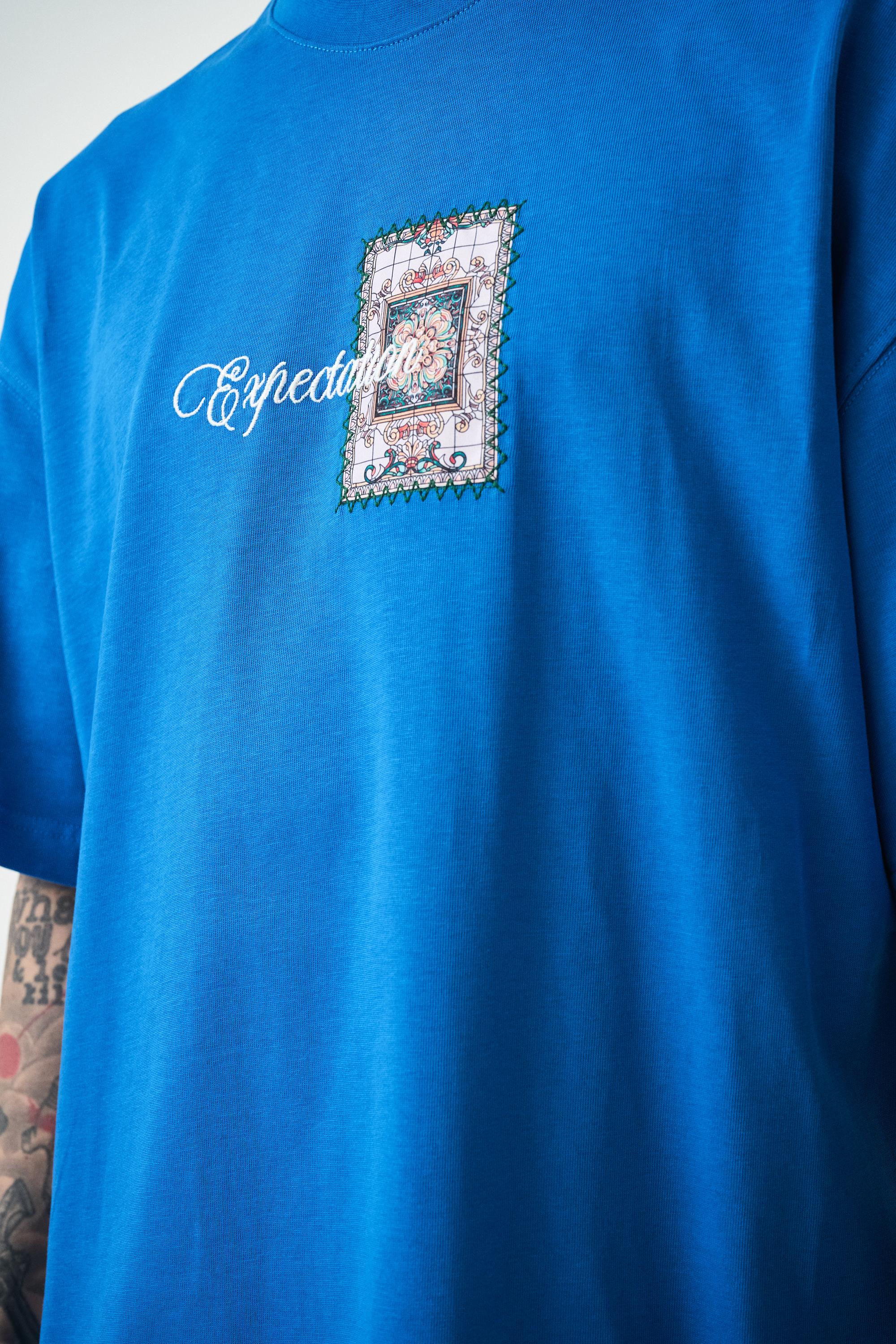 Erkek Expectation Nakışlı Oversize T-Shirt Mavi