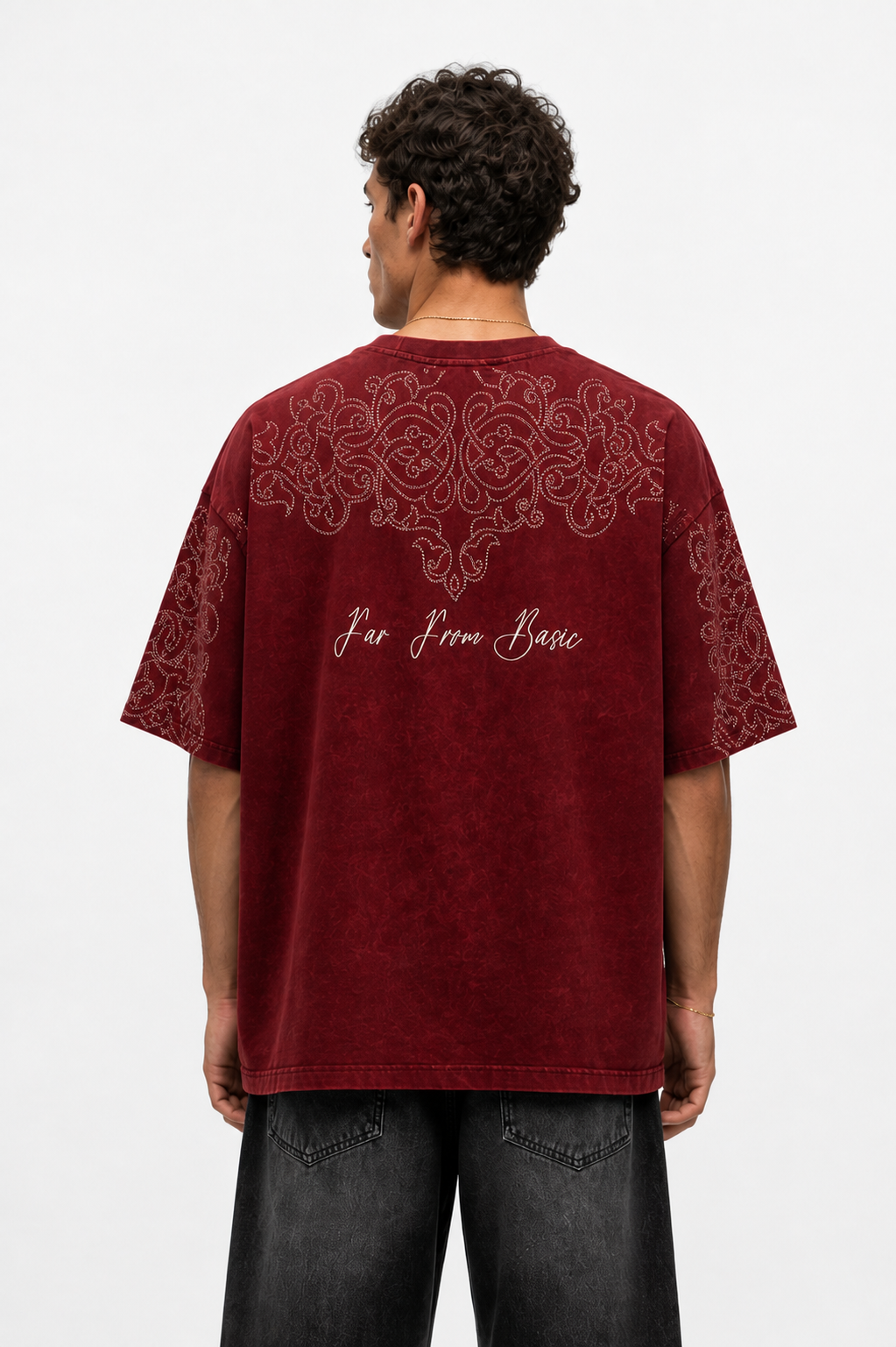 Erkek Far From Basic Yıkamalı Oversize T-Shirt Bordo