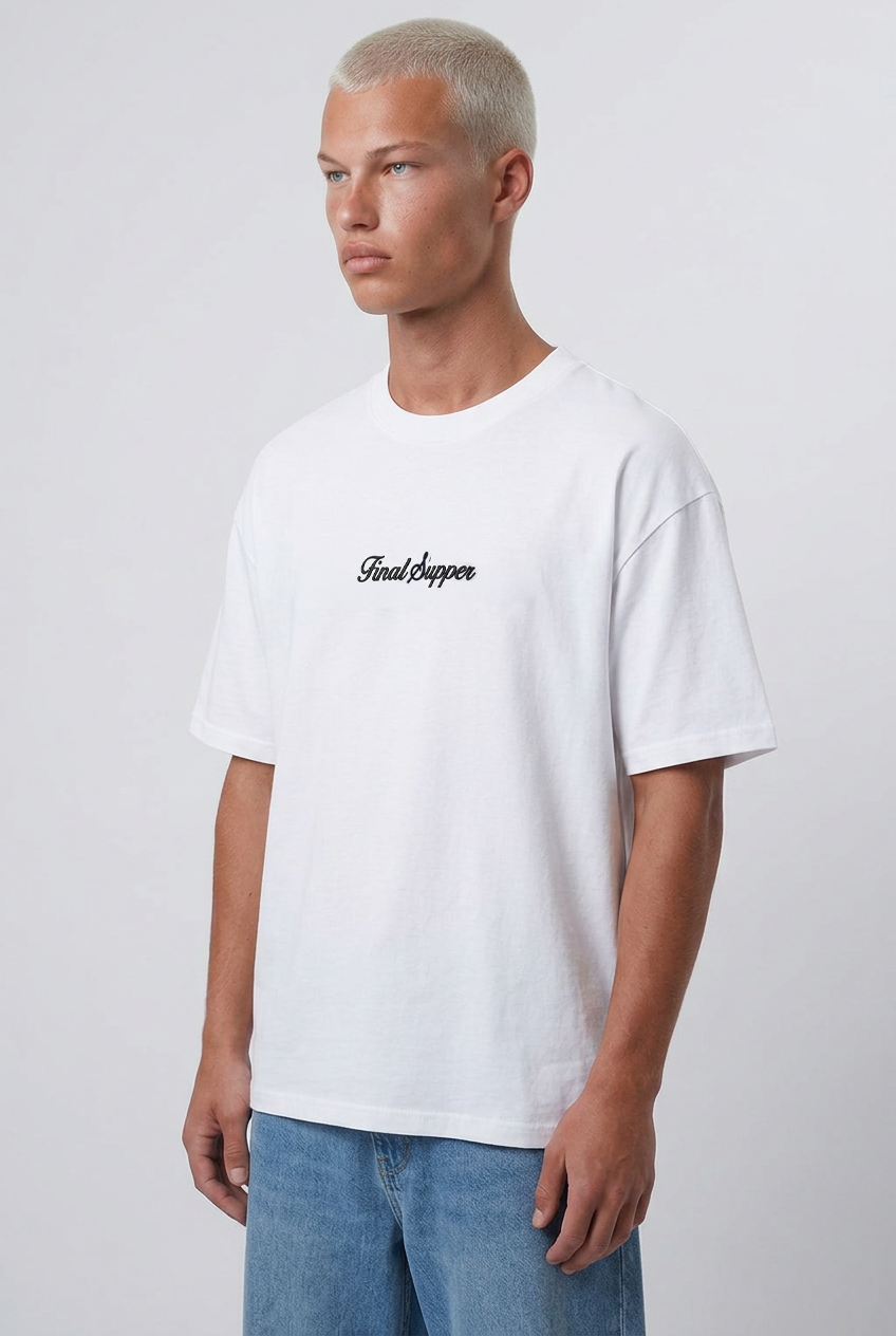 Erkek Final Supper Nakışlı Oversize T-Shirt Ekru
