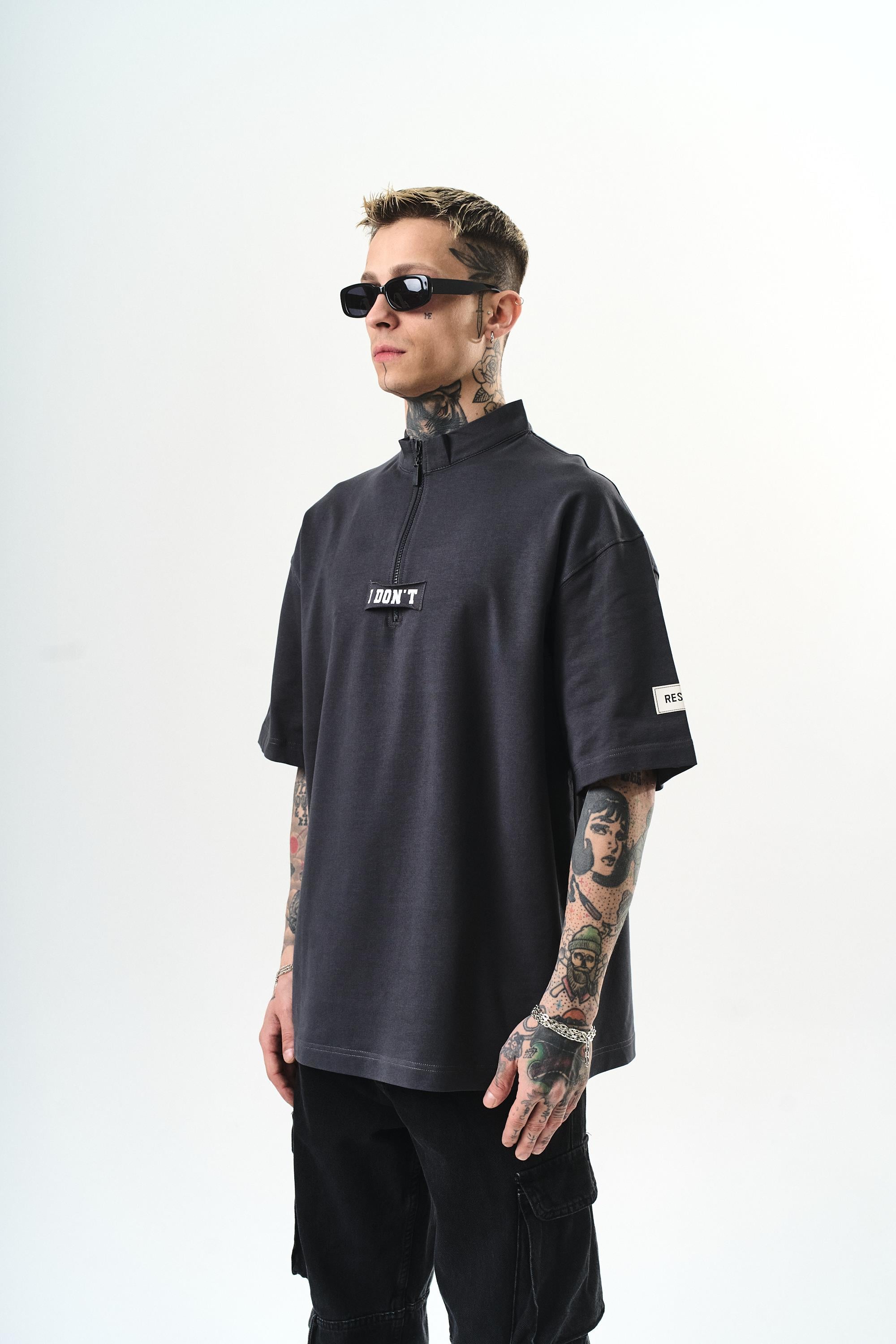 Erkek I Don'T Nakışlı Oversize T-Shirt Füme