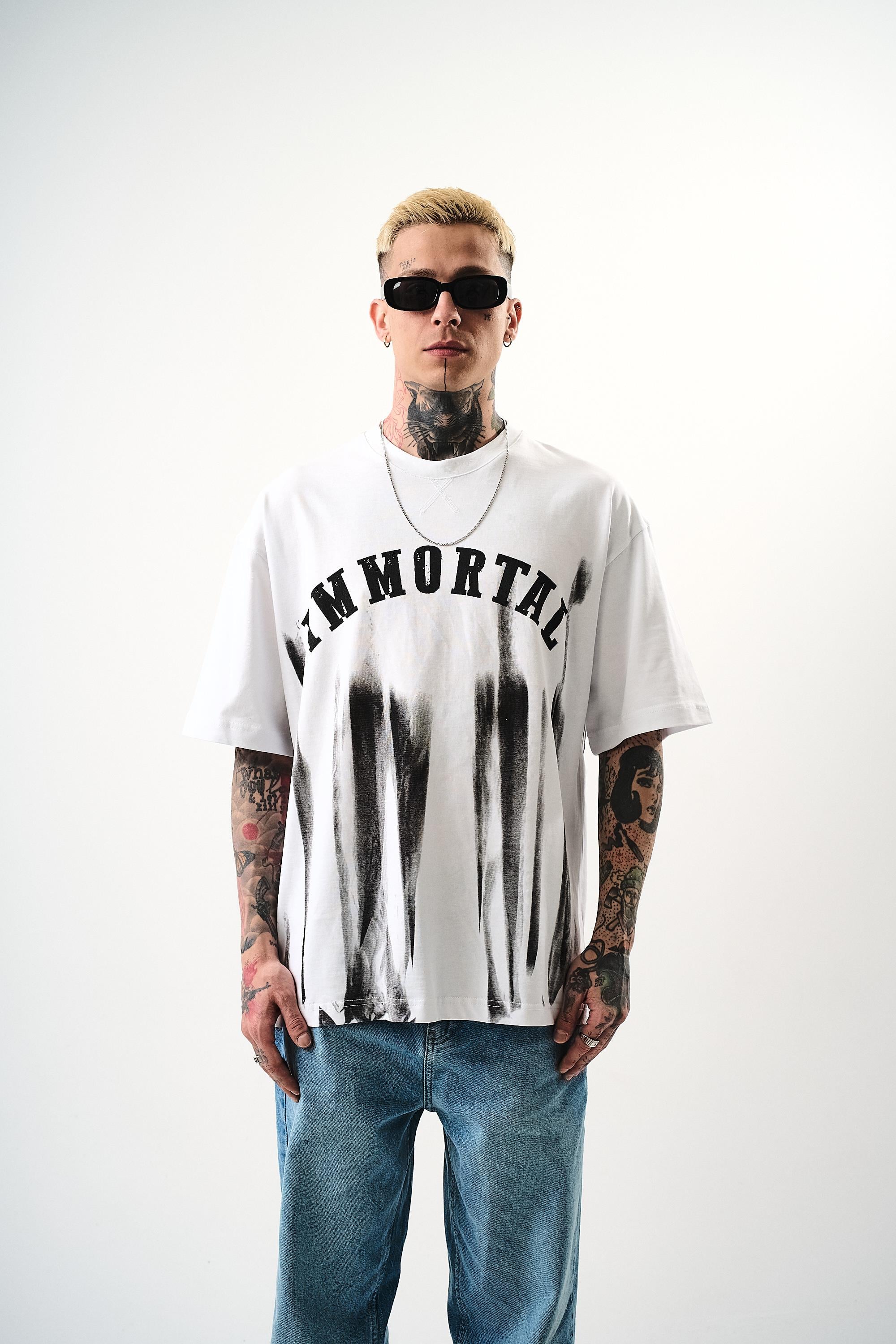 Erkek İMmortal Baskılı Oversize T-Shirt Beyaz