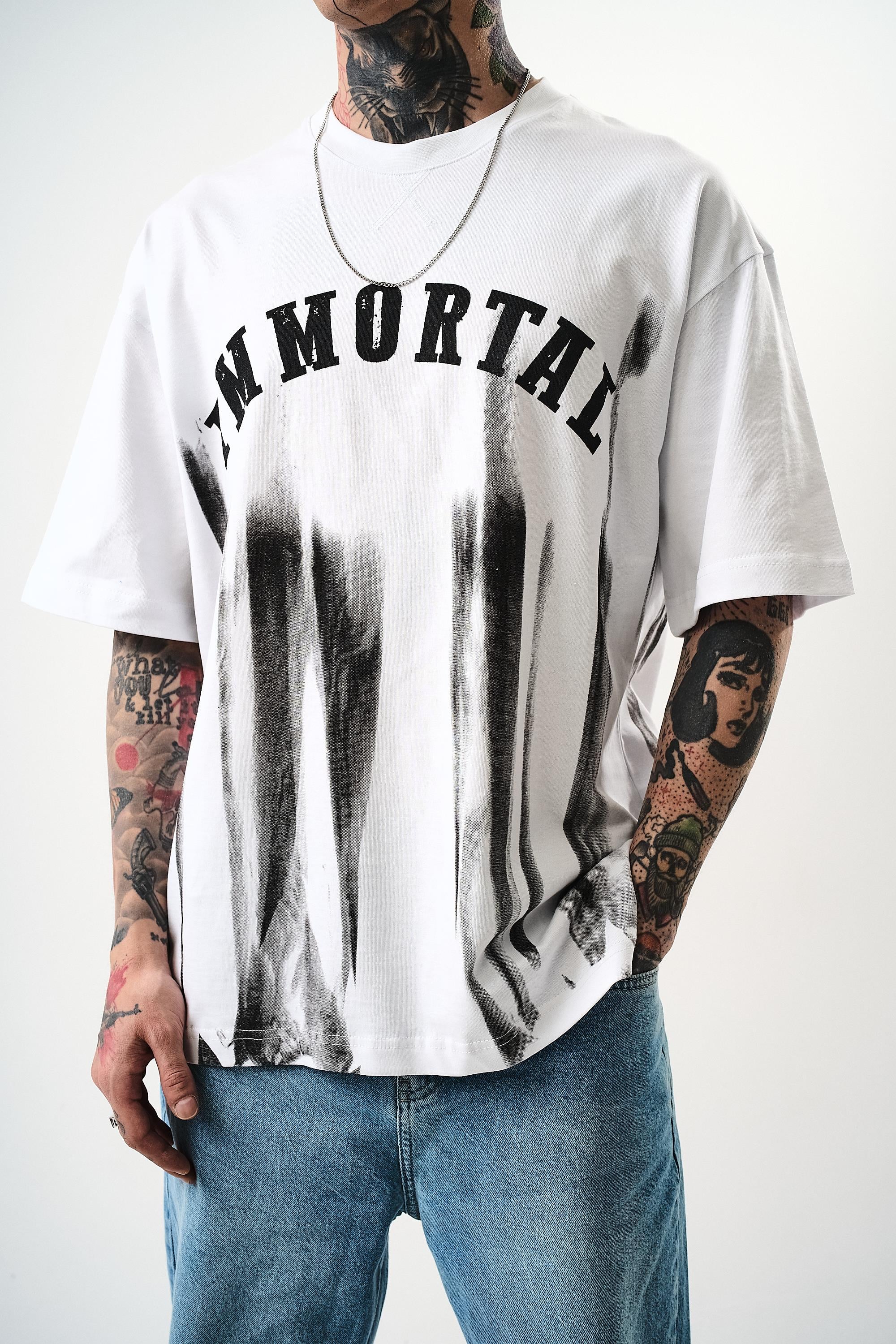 Erkek İMmortal Baskılı Oversize T-Shirt Beyaz