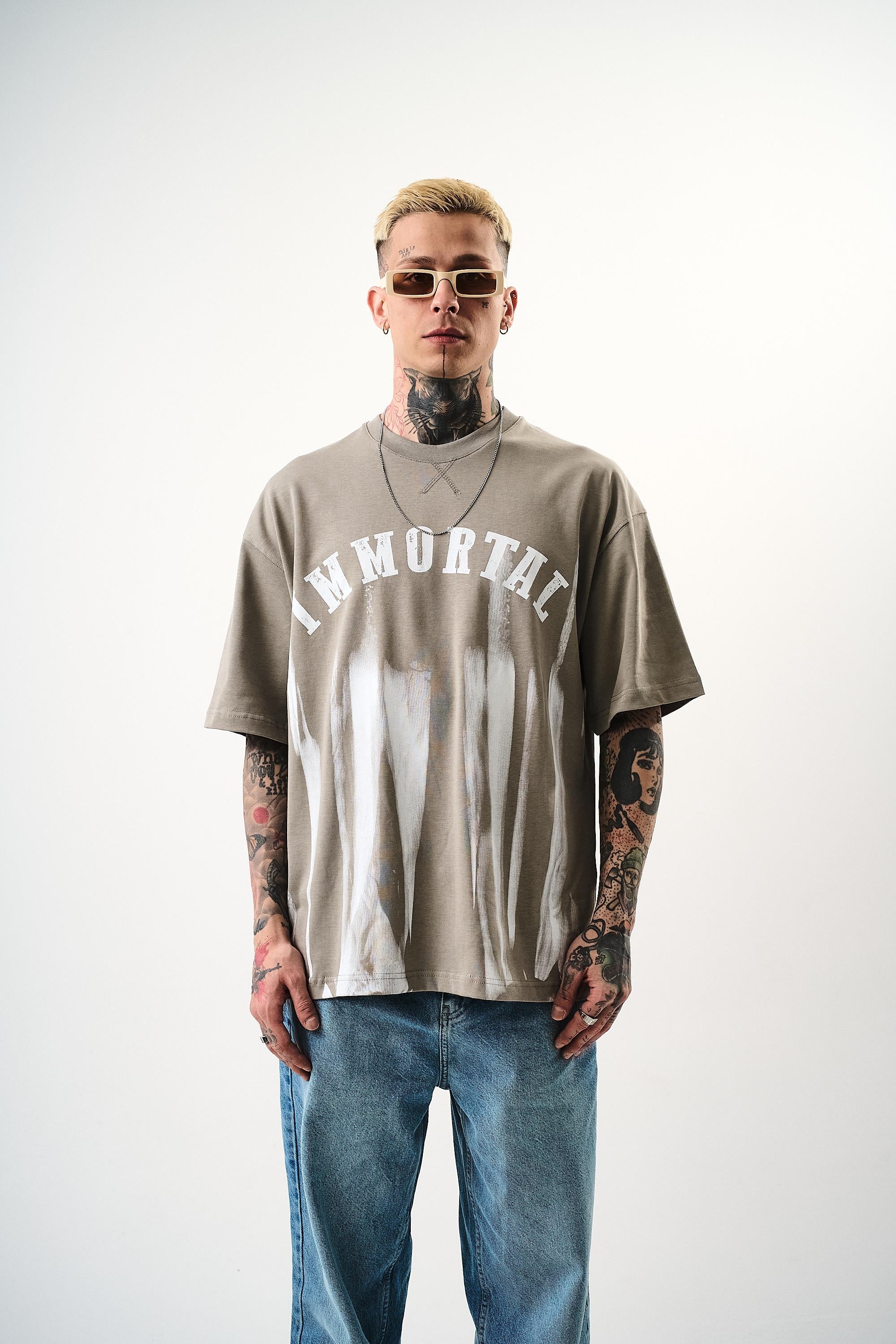 Erkek İMmortal Baskılı Oversize T-Shirt Gri