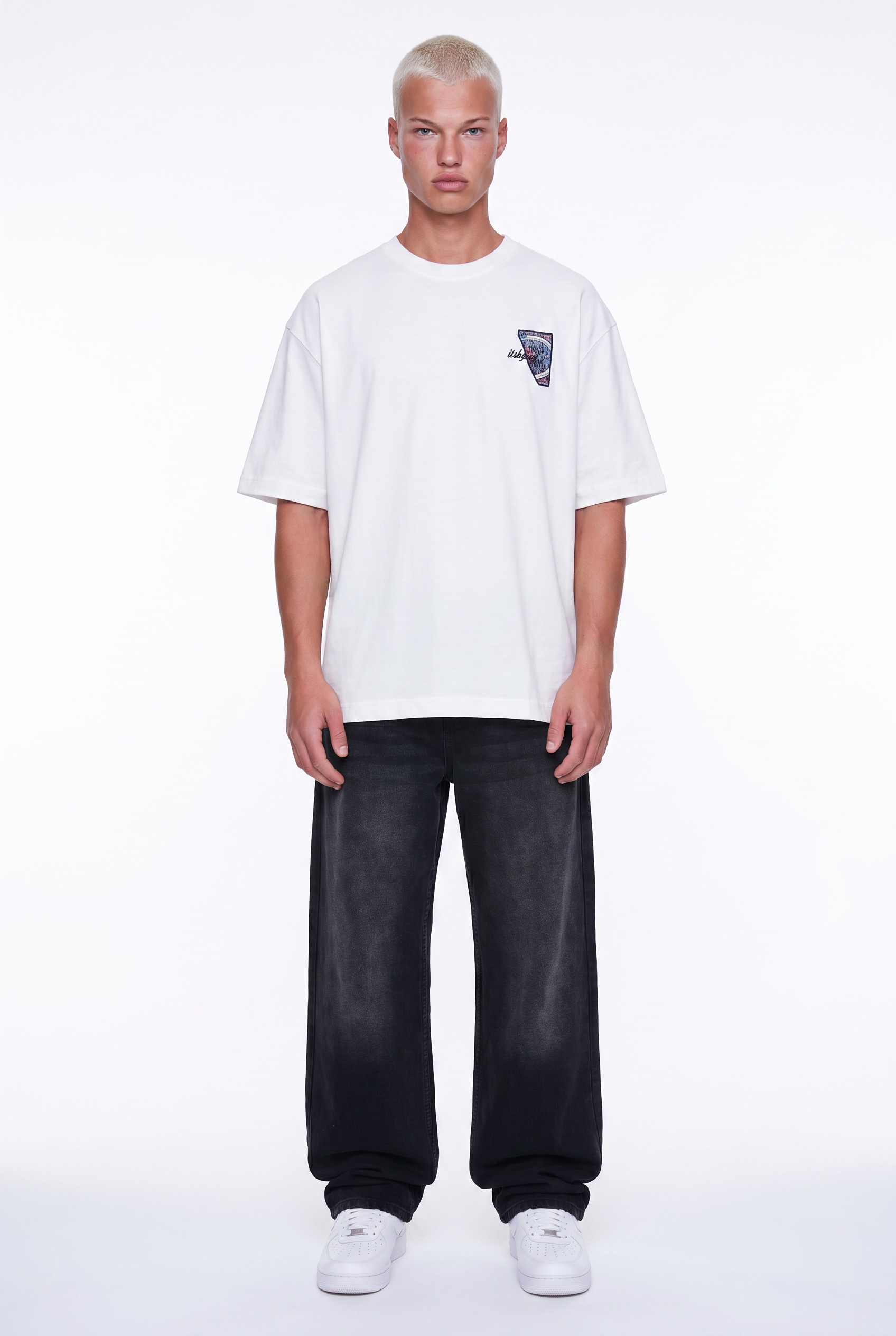 Erkek Itsbyzey Nakış Detaylı Oversize T-Shirt Ekru