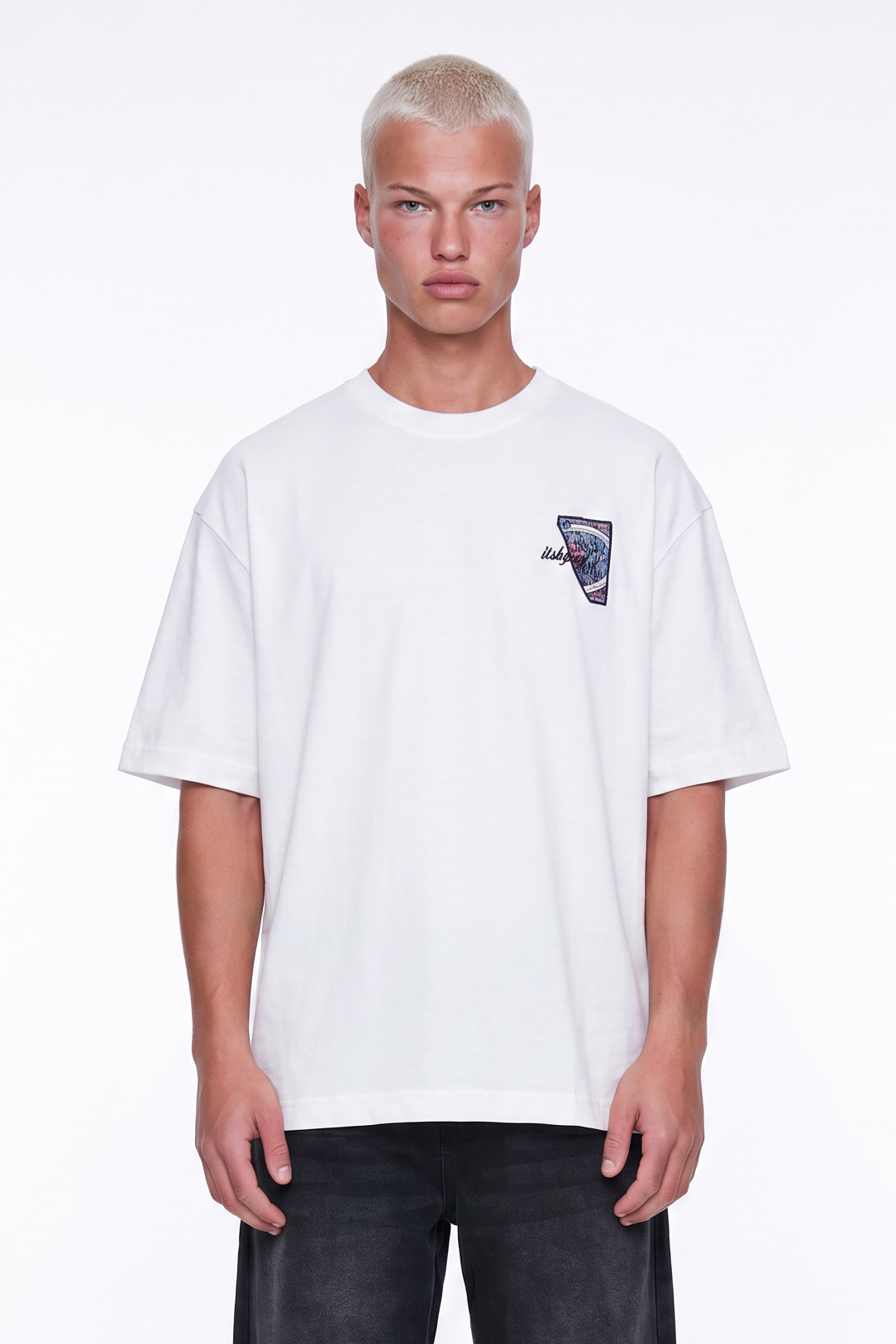 Erkek Itsbyzey Nakış Detaylı Oversize T-Shirt Ekru