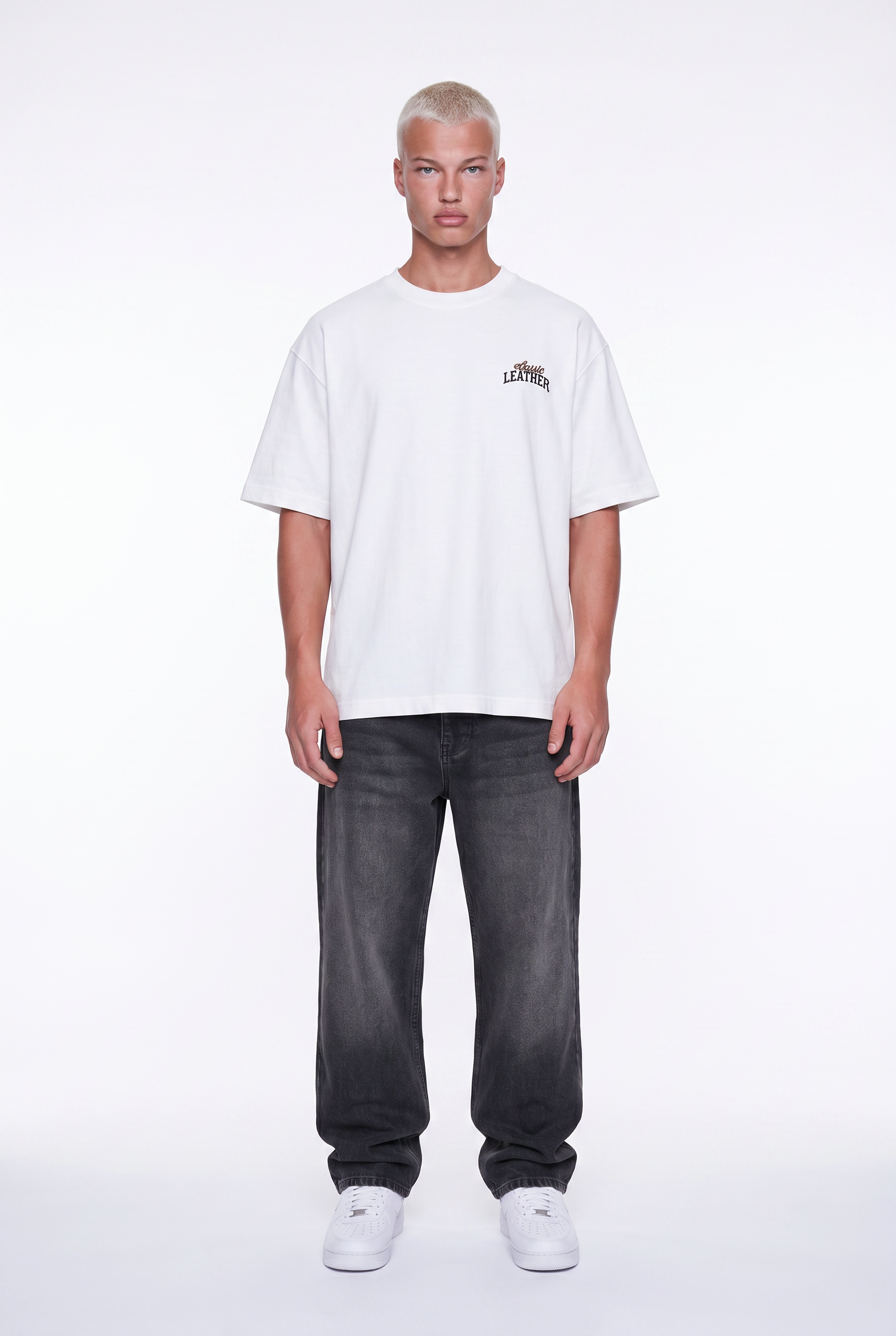 Erkek Leather Baskılı Oversize T-Shirt Ekru