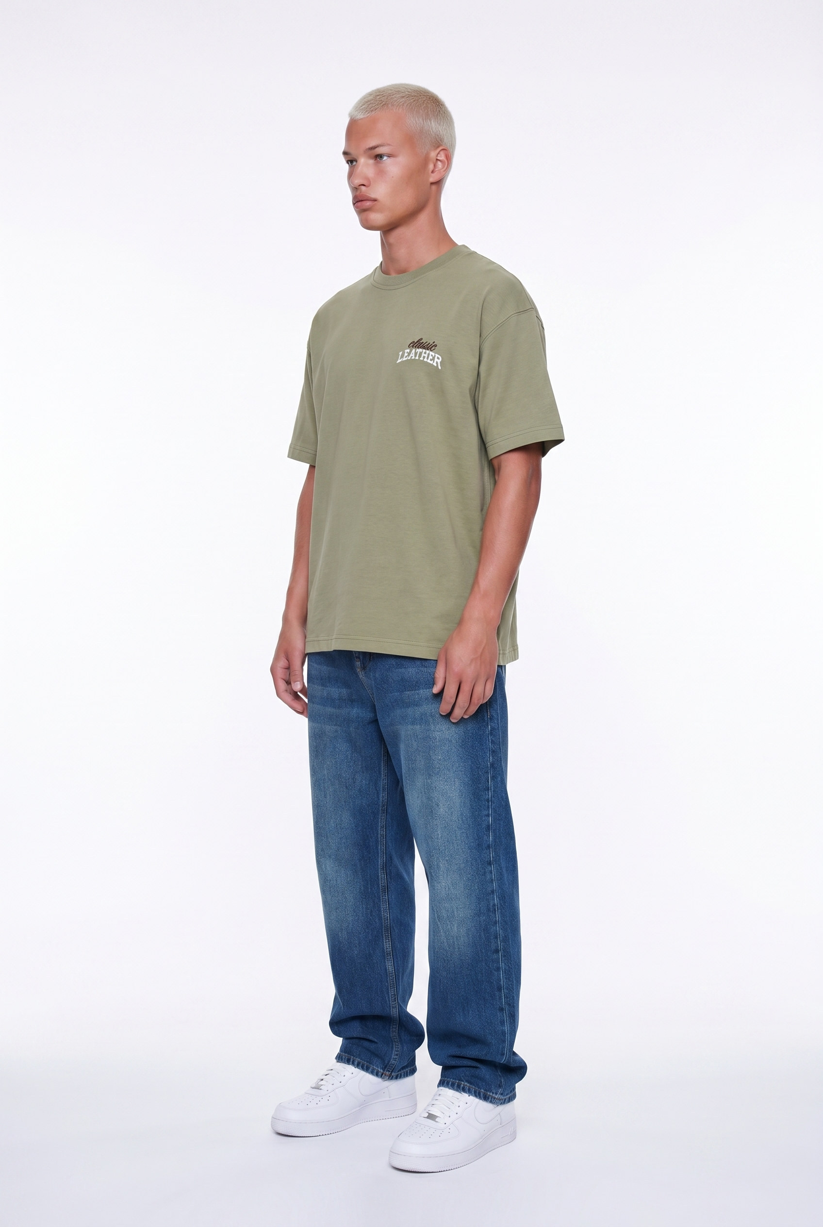 Erkek Leather Baskılı Oversize T-Shirt Haki