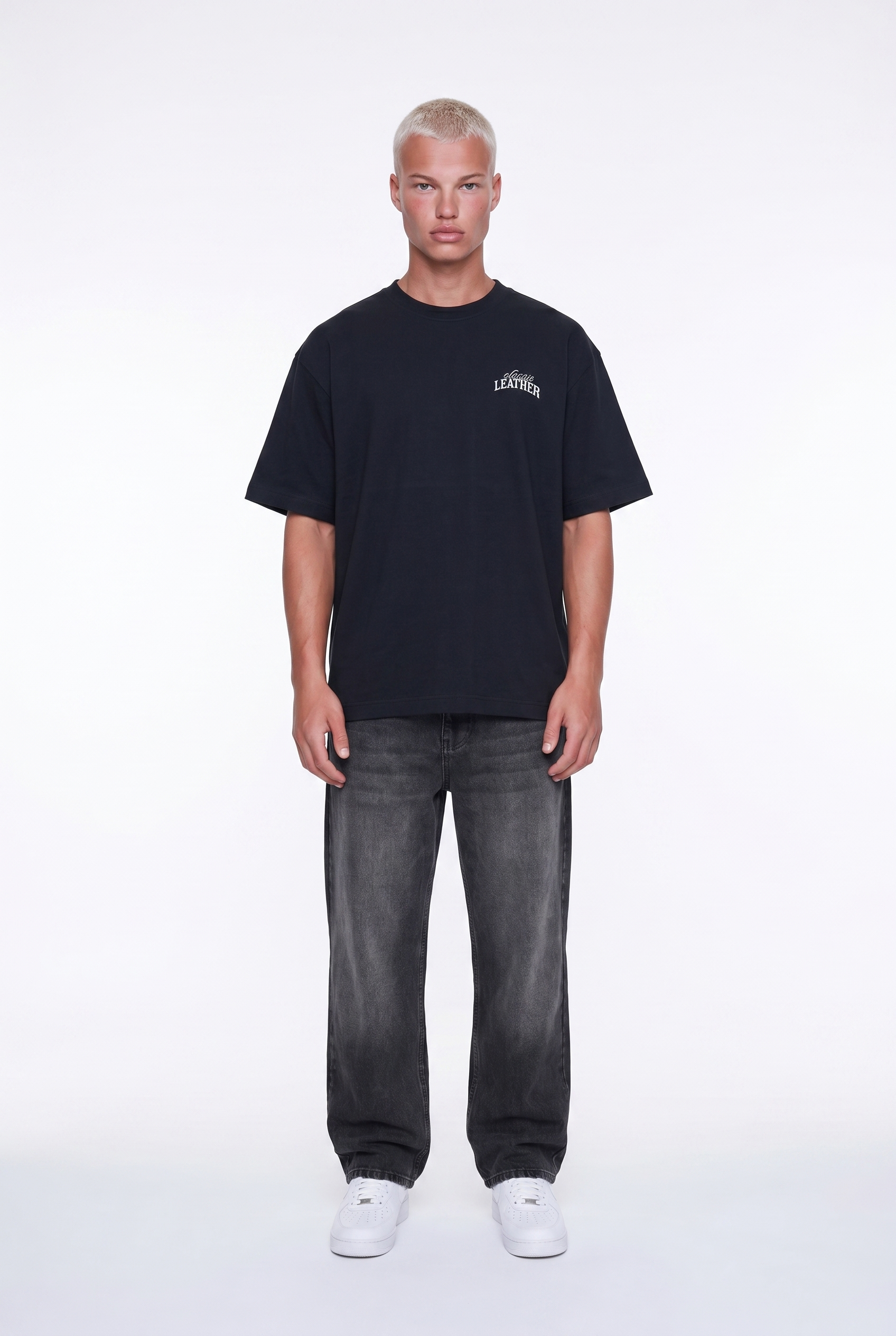 Erkek Leather Baskılı Oversize T-Shirt Siyah