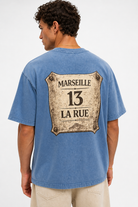Erkek Marseille Baskılı Yıkamalı Oversize T-Shirt Bebe Mavi