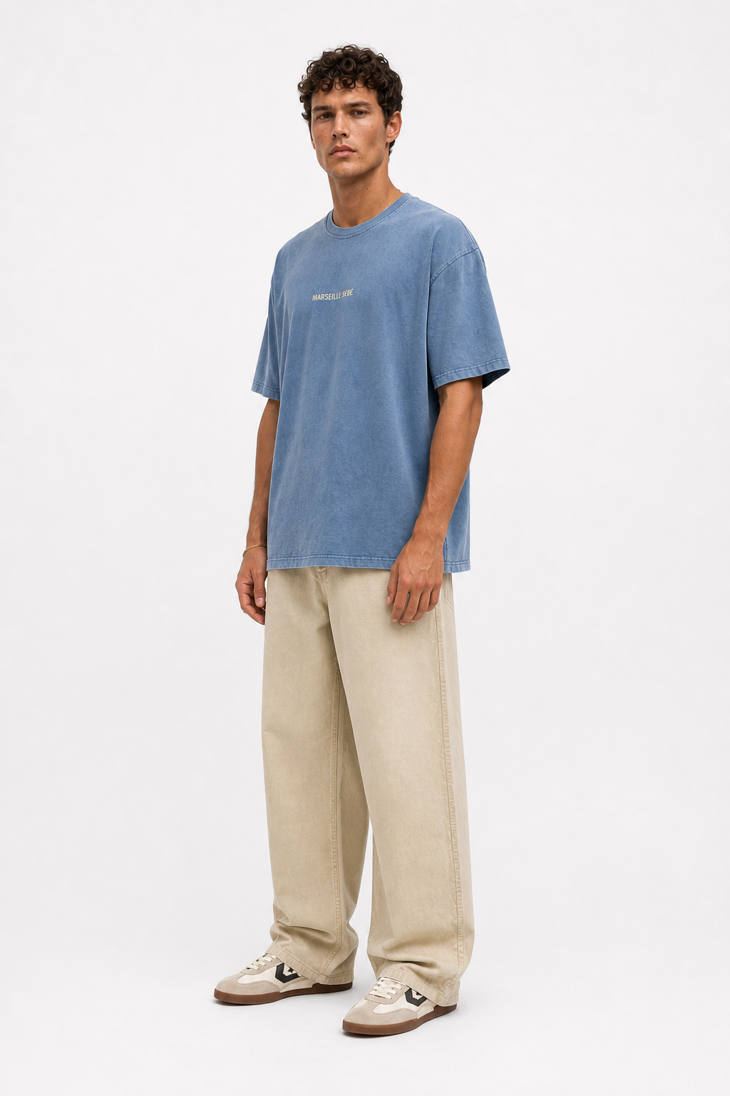 Erkek Marseille Baskılı Yıkamalı Oversize T-Shirt Bebe Mavi