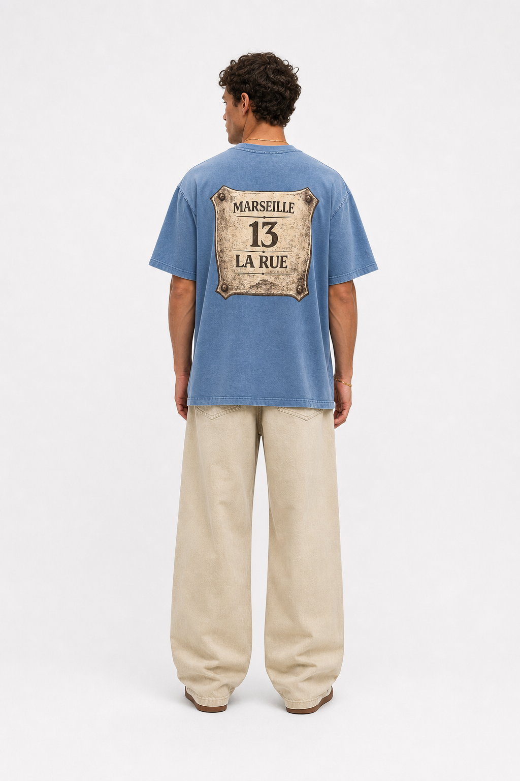 Erkek Marseille Baskılı Yıkamalı Oversize T-Shirt Bebe Mavi