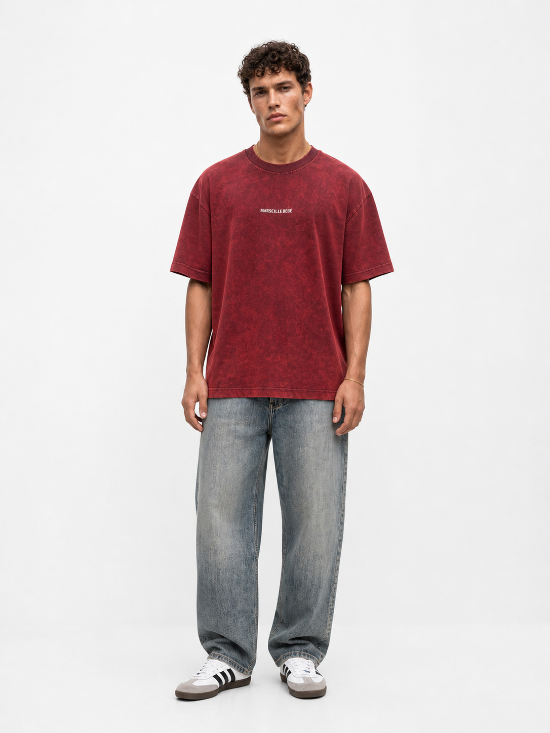 Erkek Marseille Baskılı Yıkamalı Oversize T-Shirt Bordo