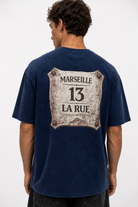 Erkek Marseille Baskılı Yıkamalı Oversize T-Shirt Lacivert