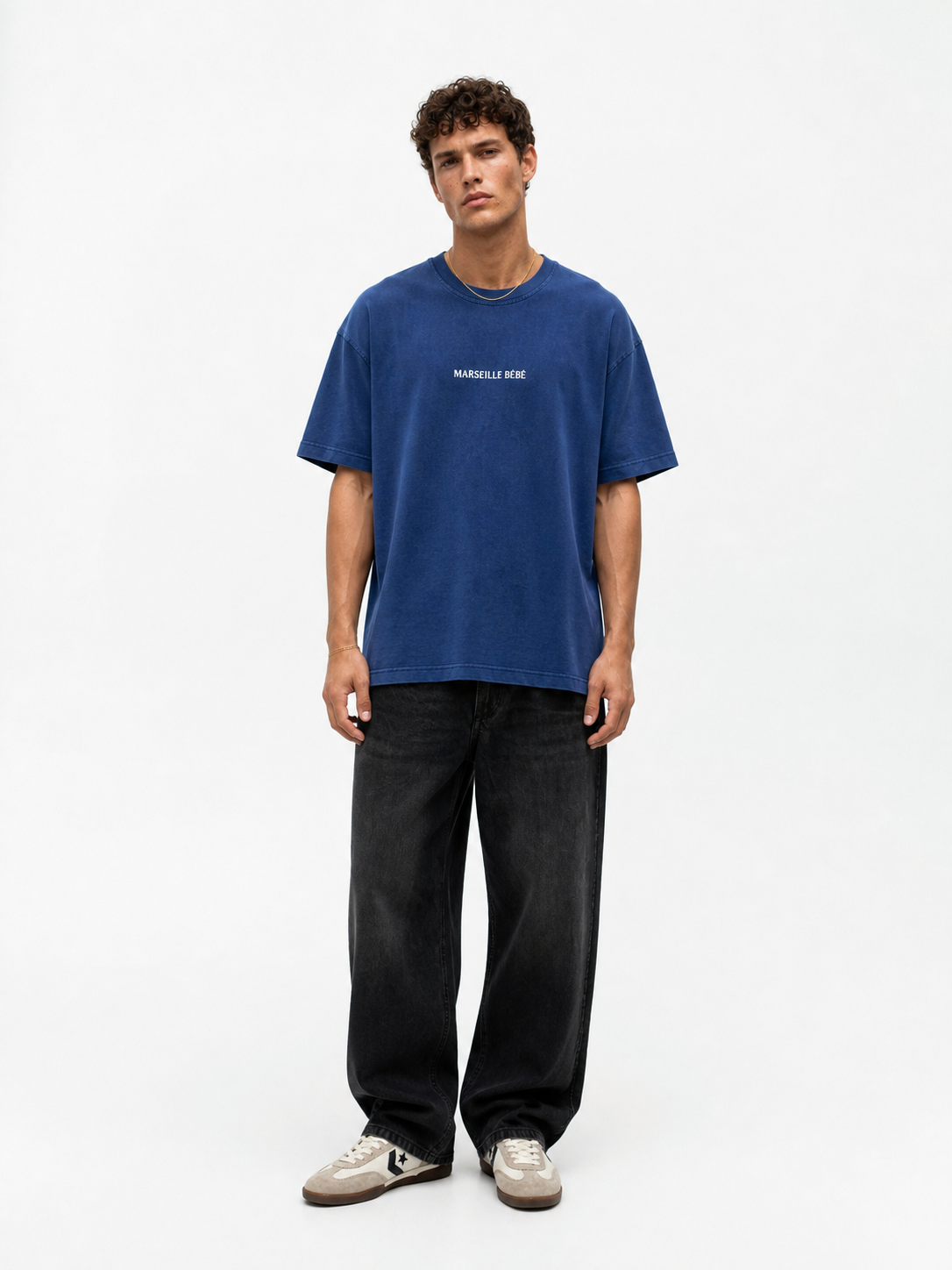 Erkek Marseille Baskılı Yıkamalı Oversize T-Shirt Lacivert