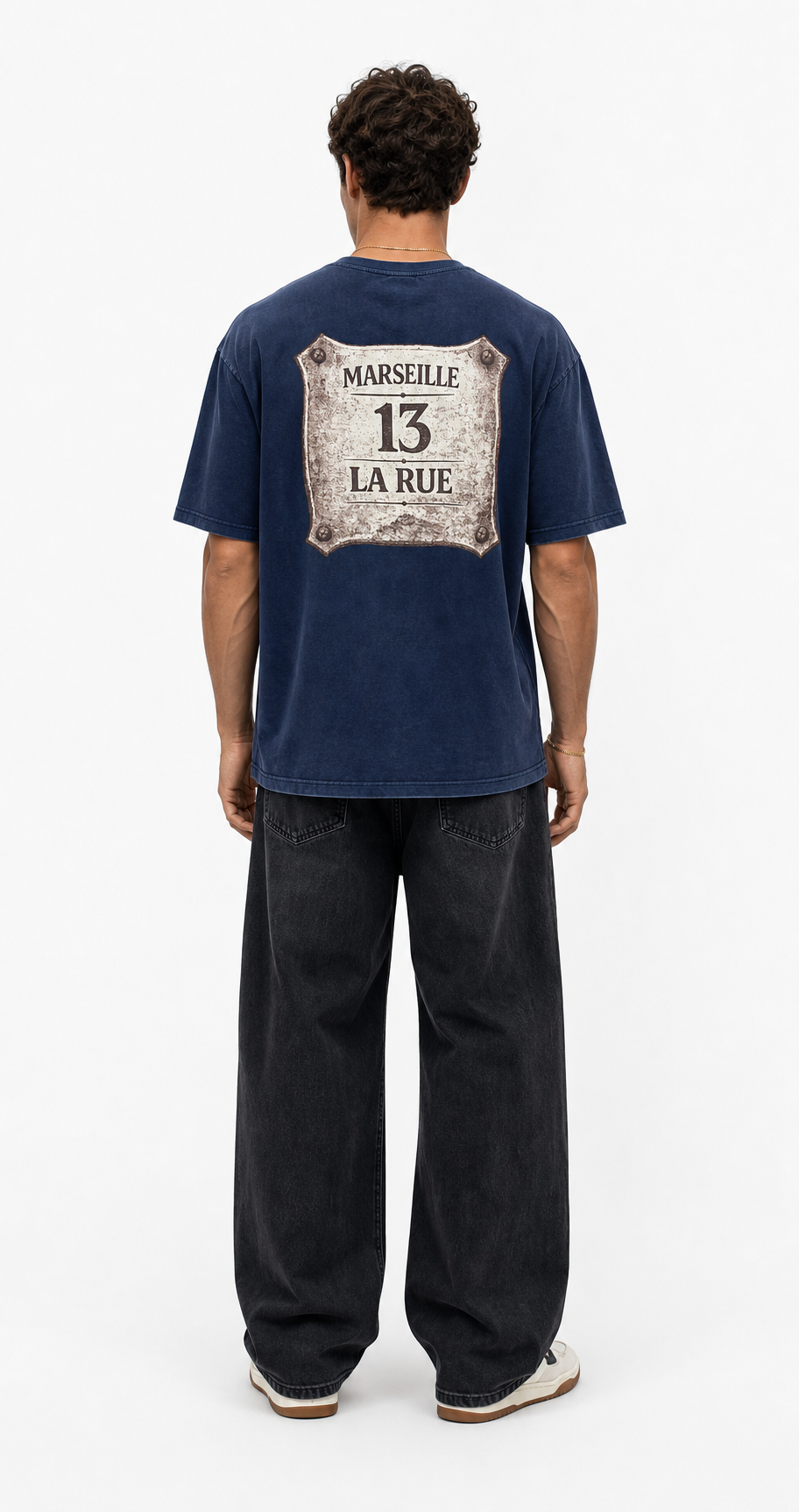 Erkek Marseille Baskılı Yıkamalı Oversize T-Shirt Lacivert