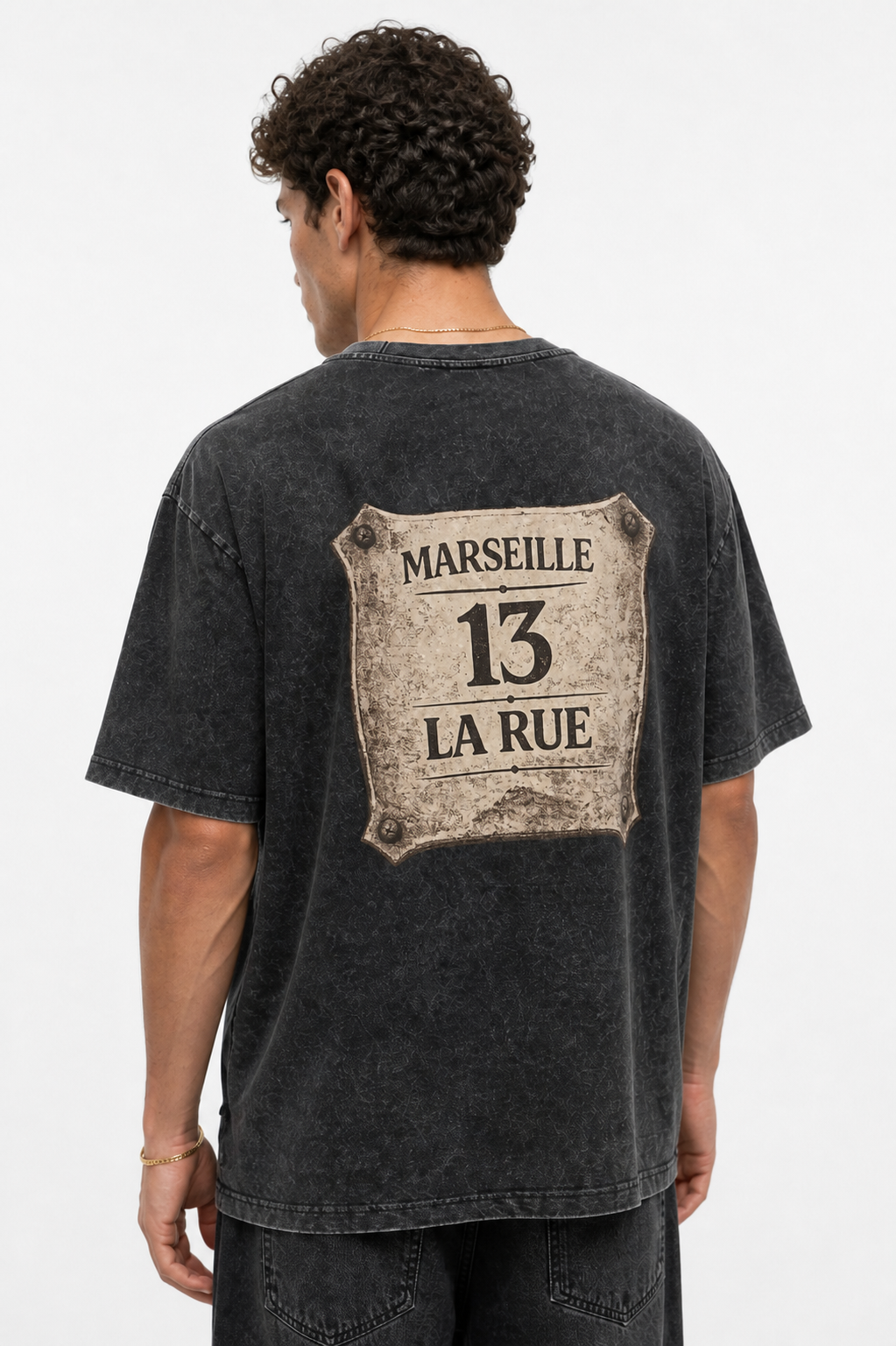 Erkek Marseille Baskılı Yıkamalı Oversize T-Shirt Siyah