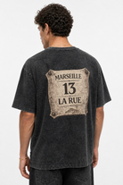 Erkek Marseille Baskılı Yıkamalı Oversize T-Shirt Siyah