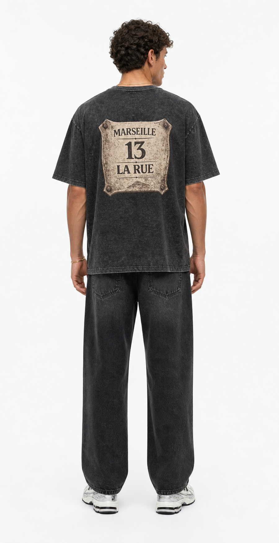 Erkek Marseille Baskılı Yıkamalı Oversize T-Shirt Siyah