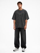 Erkek Marseille Baskılı Yıkamalı Oversize T-Shirt Siyah
