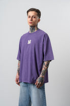 Erkek Mercy Nakışlı Yıkamalı Oversize T-Shirt Mor