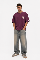 Erkek Nakış Detaylı Oversize T-Shirt Vişne