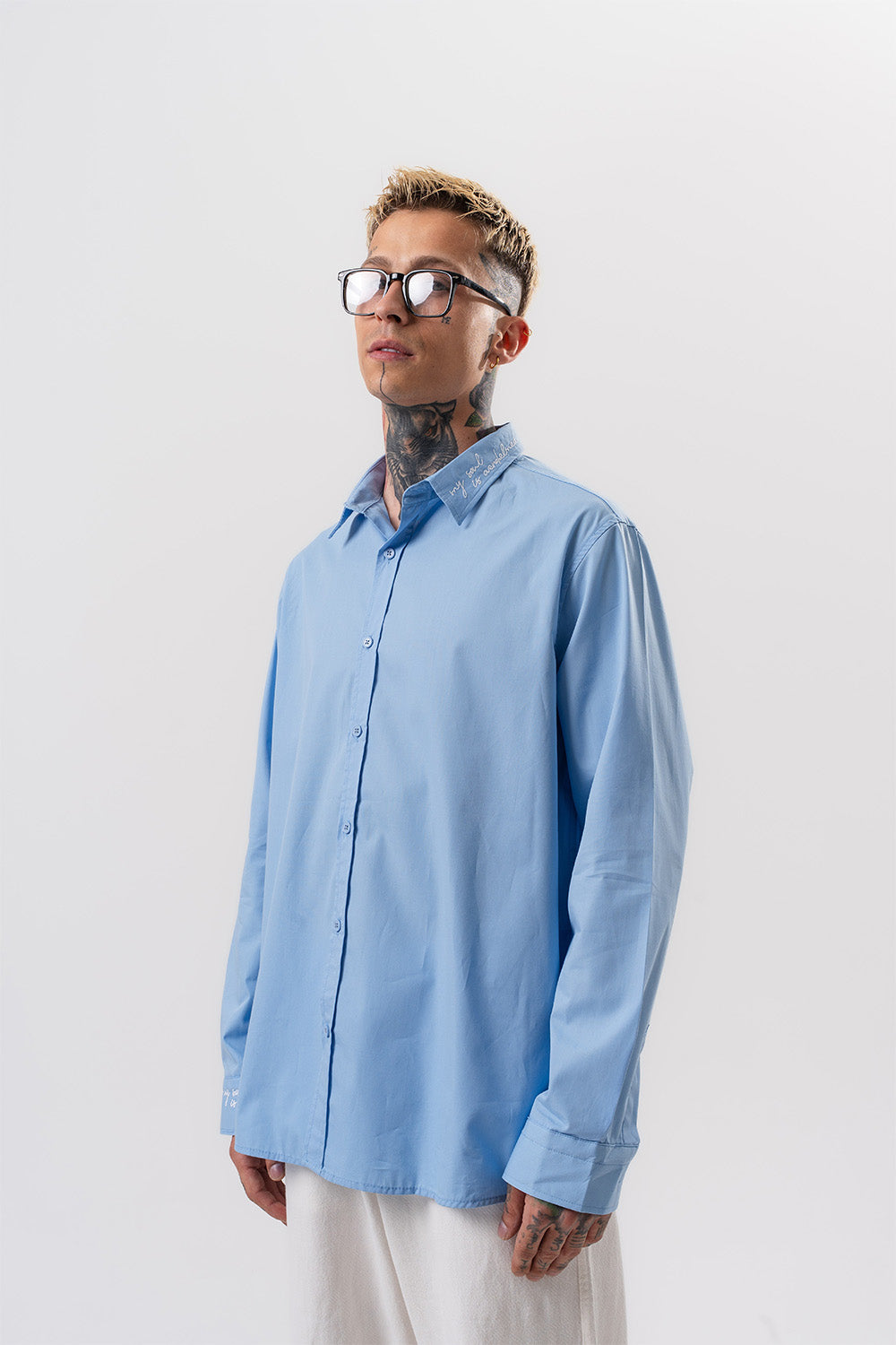 Respire-Erkek Nakış Detaylı Poplin Oversize Gömlek Bebe Mavi-Gömlek-2-Milagron.com