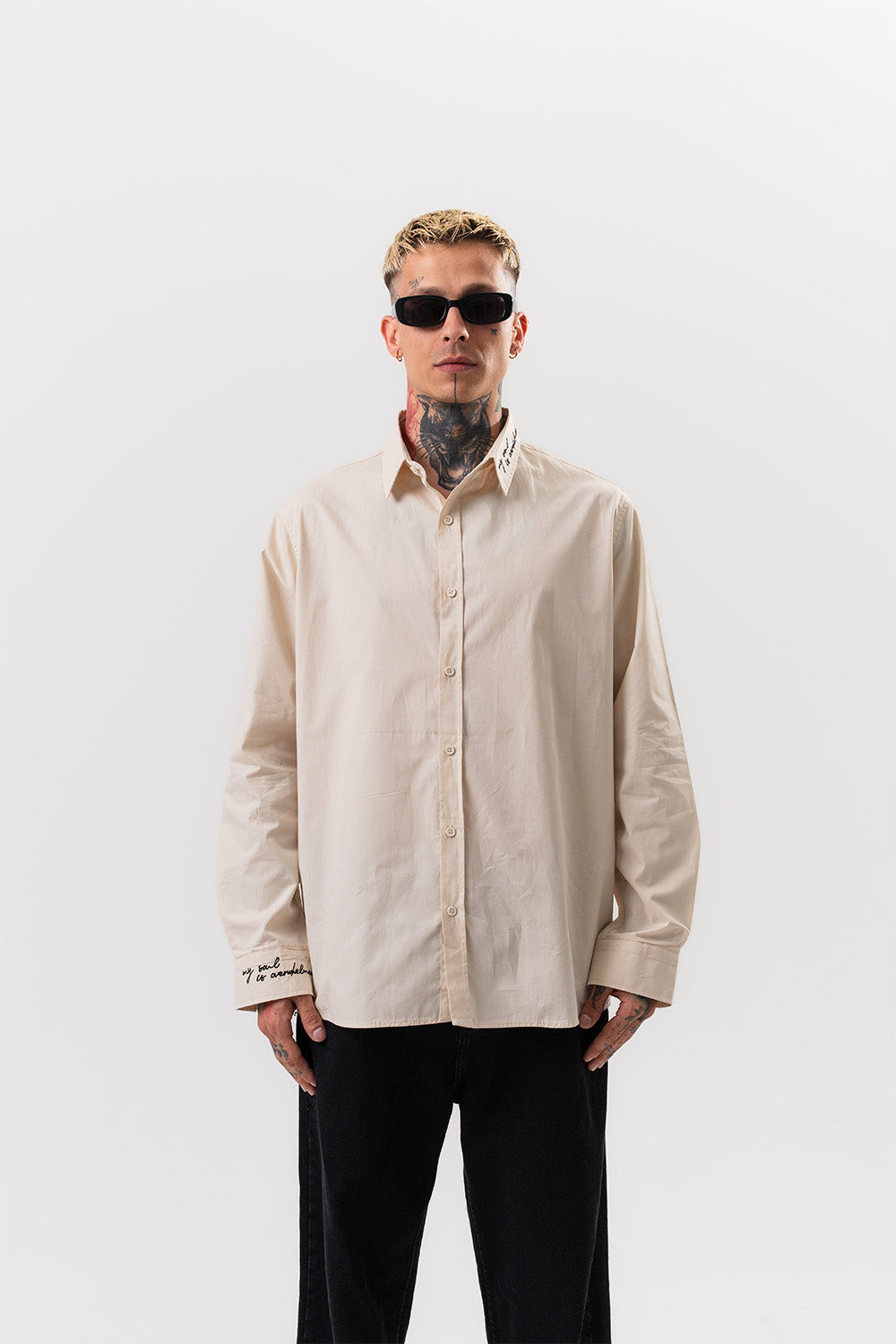 Respire-Erkek Nakış Detaylı Poplin Oversize Gömlek Bej-Gömlek-2-Milagron.com