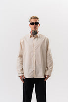 Respire-Erkek Nakış Detaylı Poplin Oversize Gömlek Bej-Gömlek-2-Milagron.com