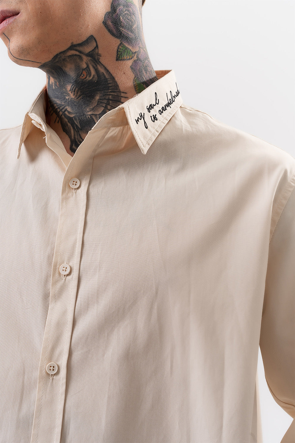 Respire-Erkek Nakış Detaylı Poplin Oversize Gömlek Bej-Gömlek-5-Milagron.com