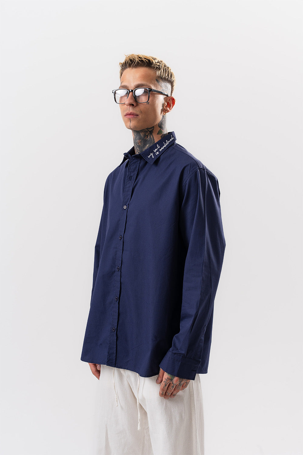 Respire-Erkek Nakış Detaylı Poplin Oversize Gömlek Lacivert-Gömlek-1-Milagron.com