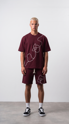 Erkek Nakış Detaylı Regular Fit T-Shirt Şort Takım Bordo