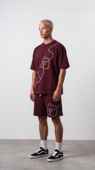 Erkek Nakış Detaylı Regular Fit T-Shirt Şort Takım Bordo